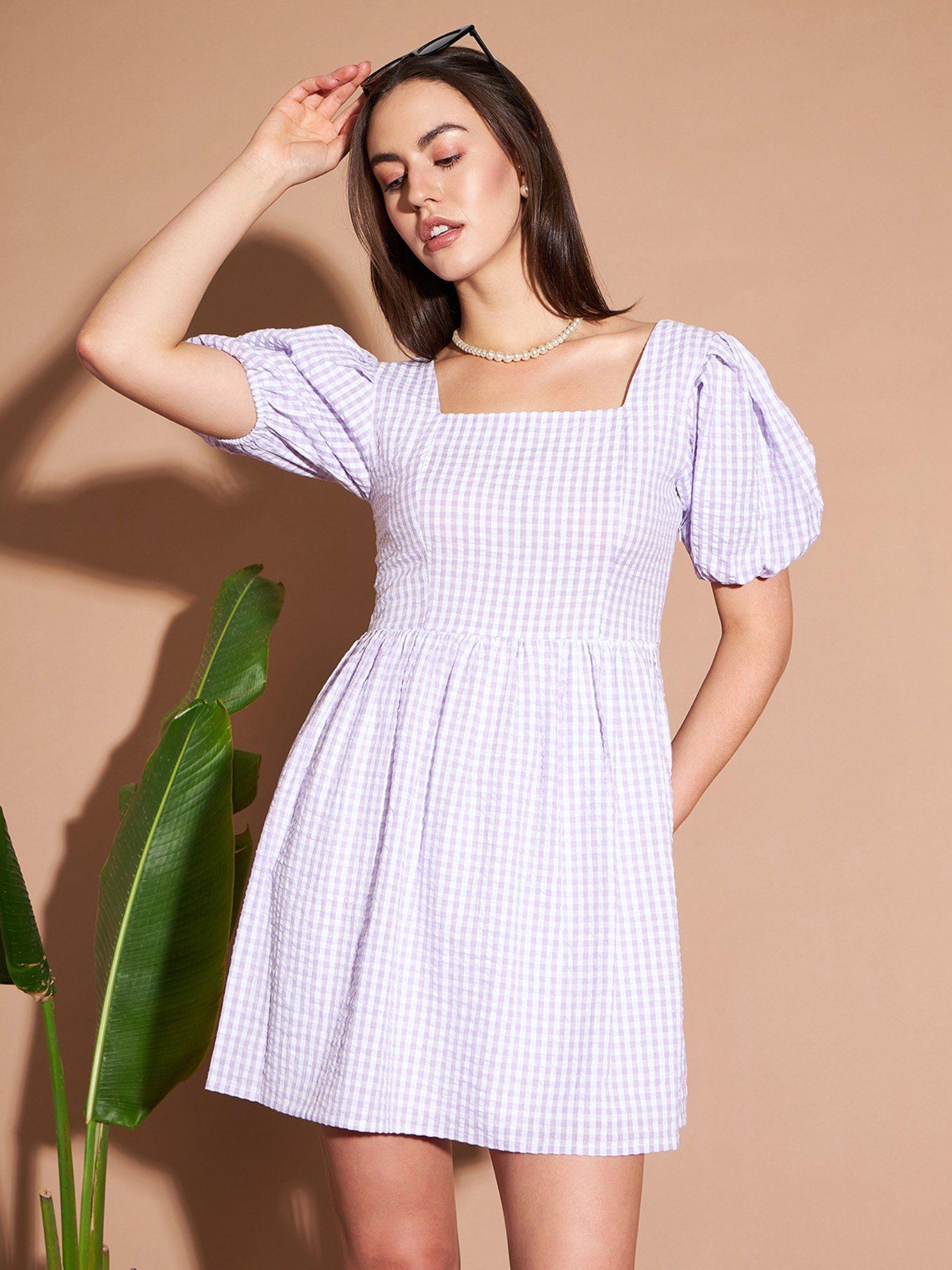 women casual lavender color square neck mini checkered dress