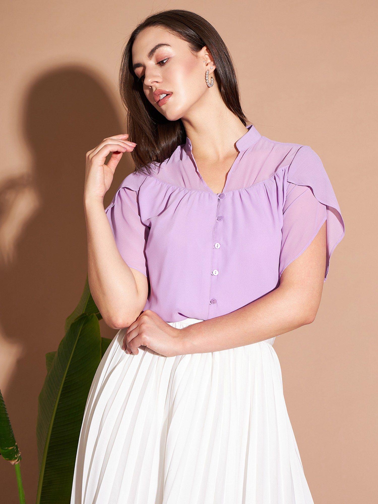 women casual lavender color v neck solid regular top