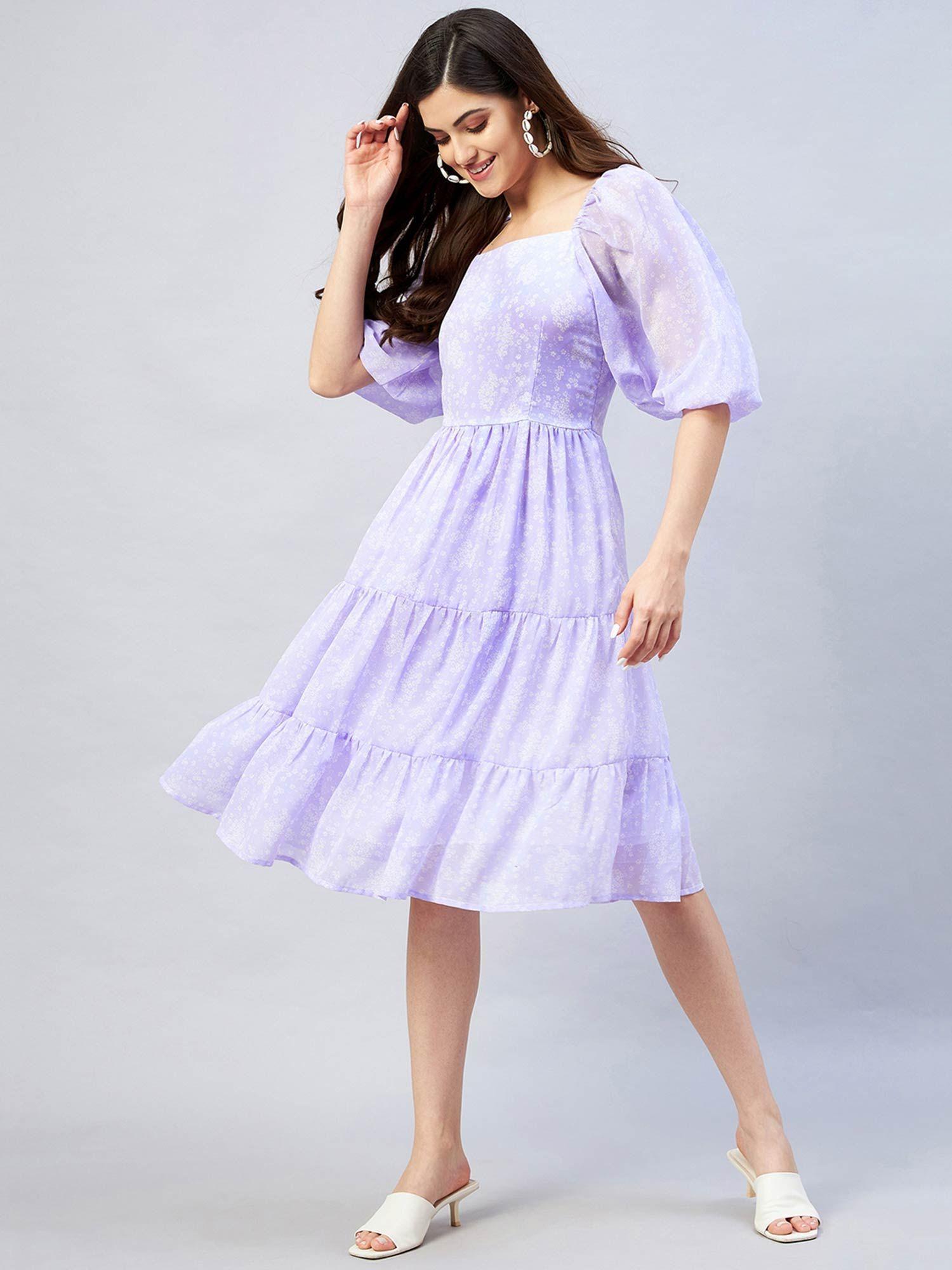 women casual lavender colour knee length floral dress