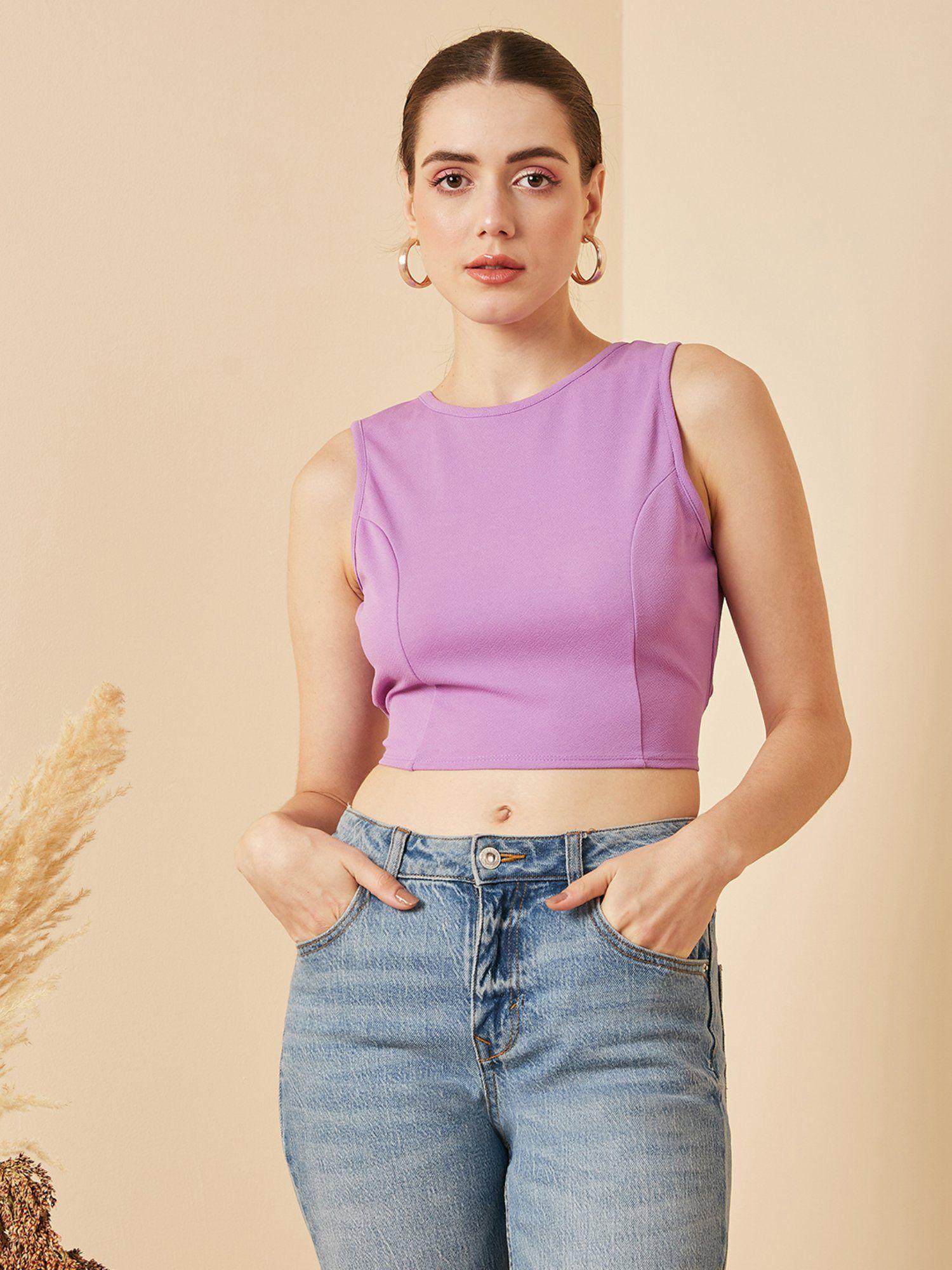 women casual lavender colour round neck solid crop top