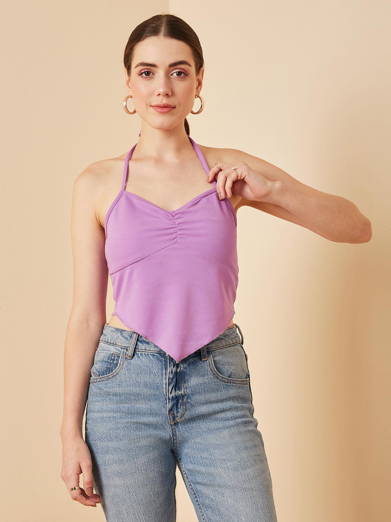 women casual lavender halter neck solid fitted top