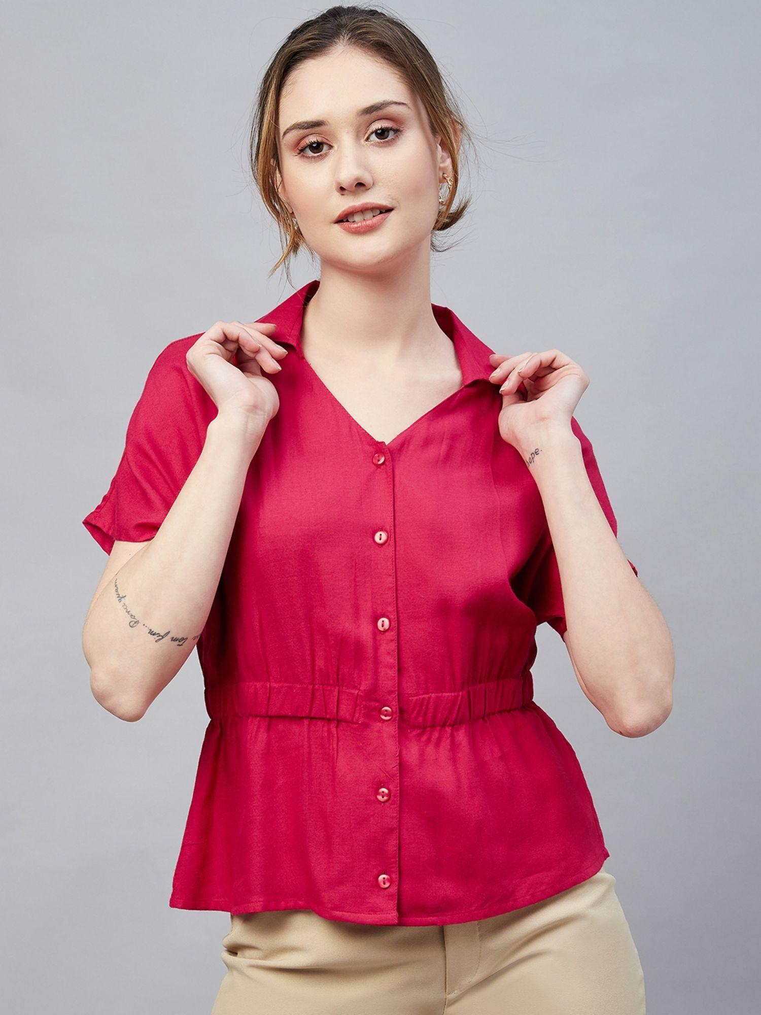 women casual magenta colour shirt collar solid regular top