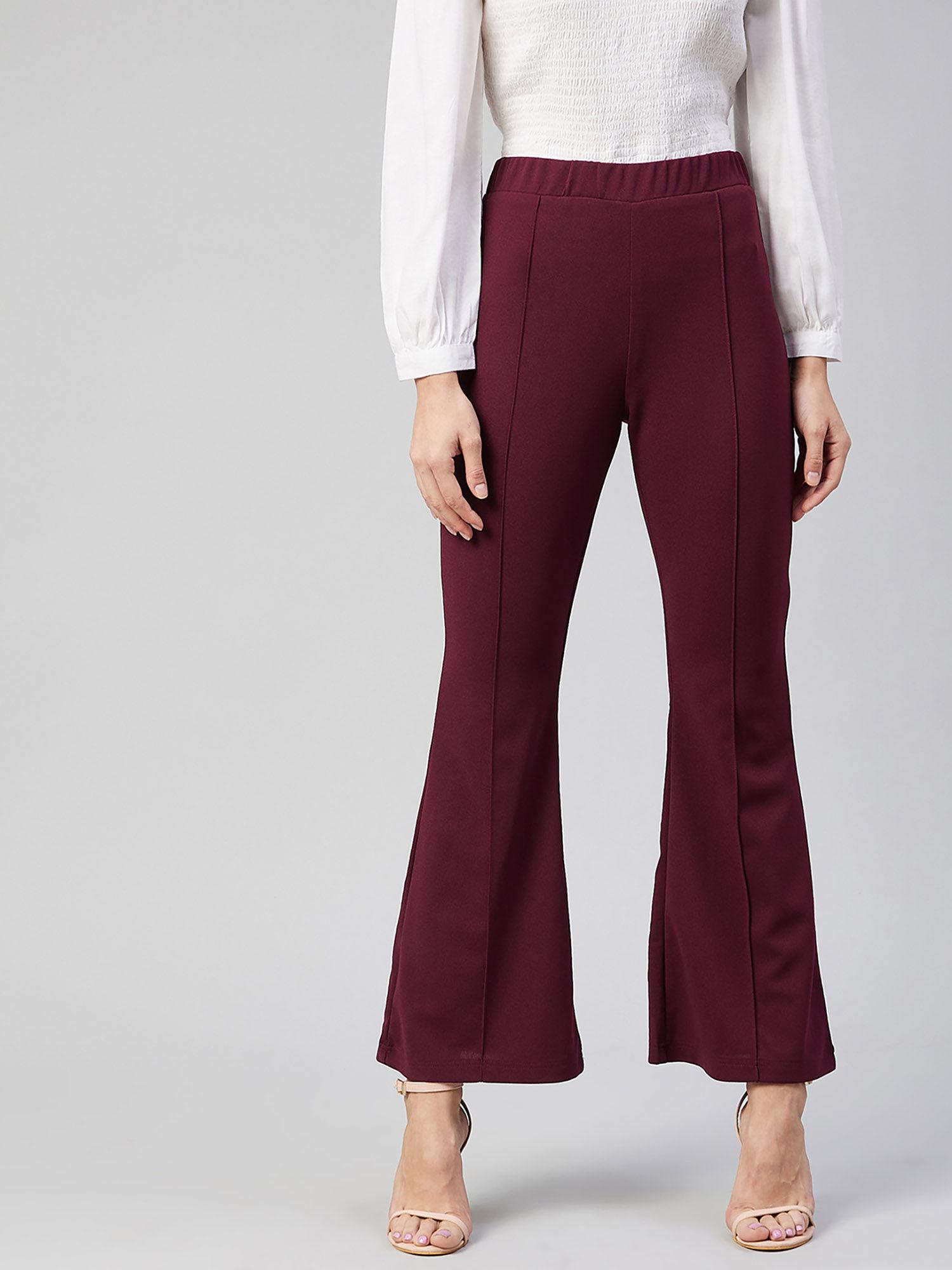 women casual maroon color solid regular trousers