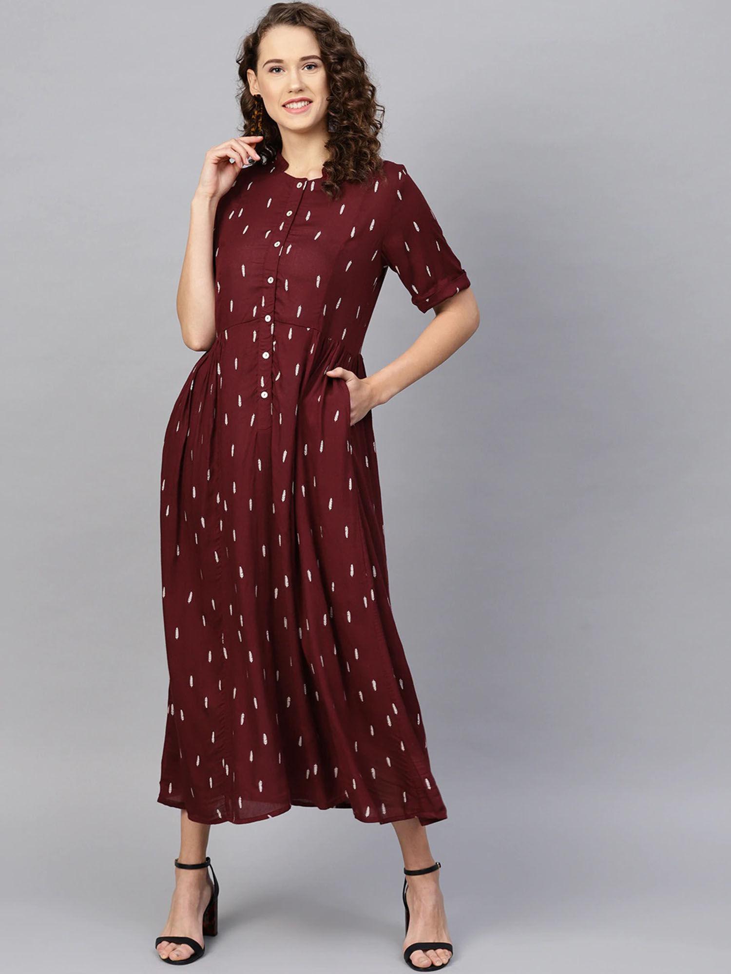 women casual maroon colour maxi floral dress