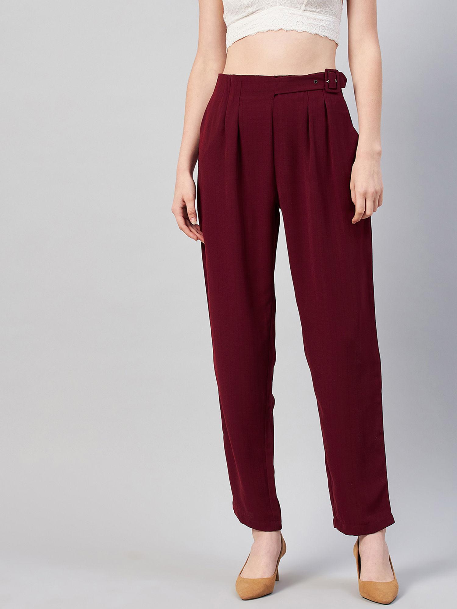 women casual maroon colour solid pleated regular trousers