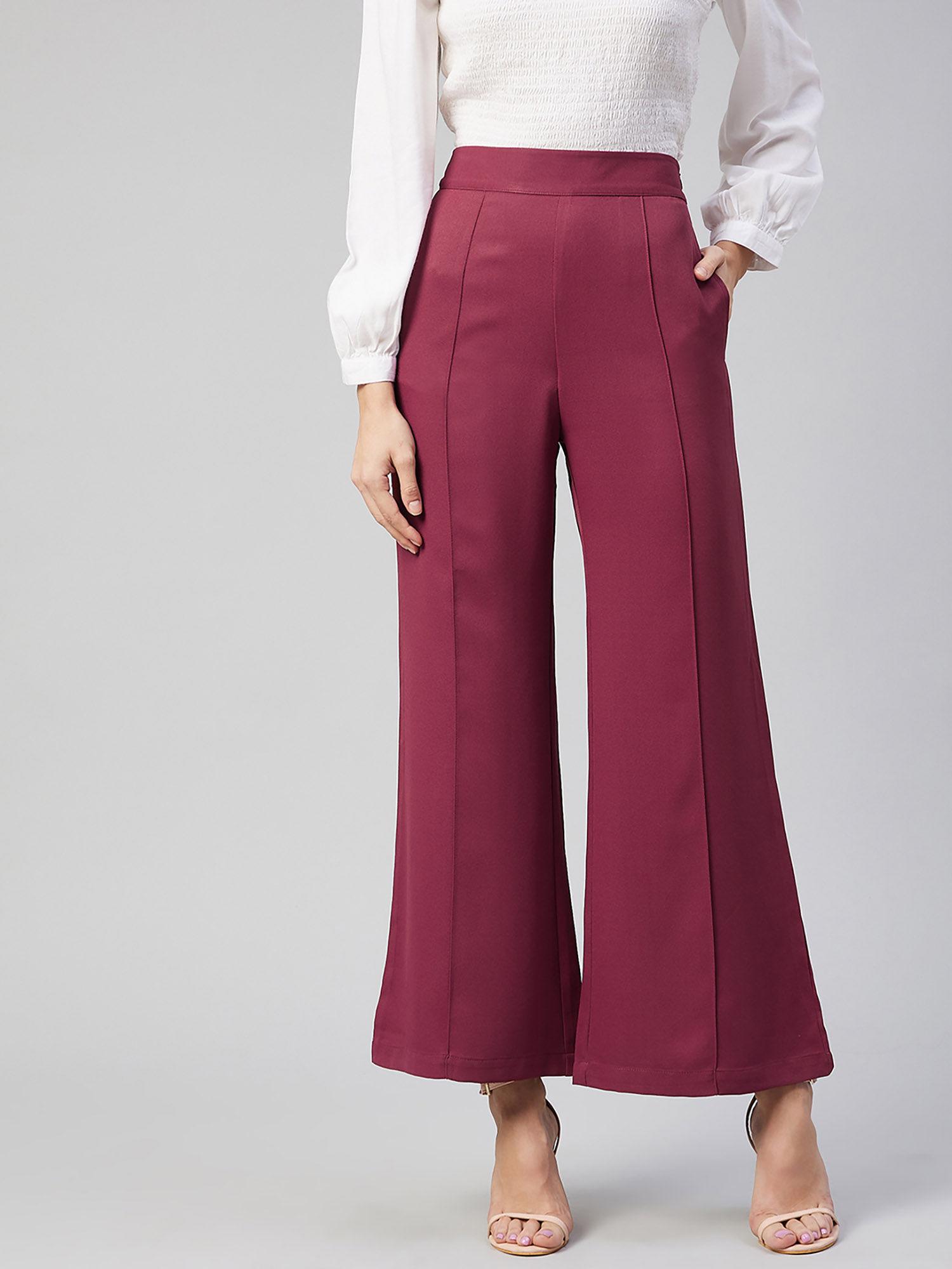 women casual maroon colour solid regular high waist trousers