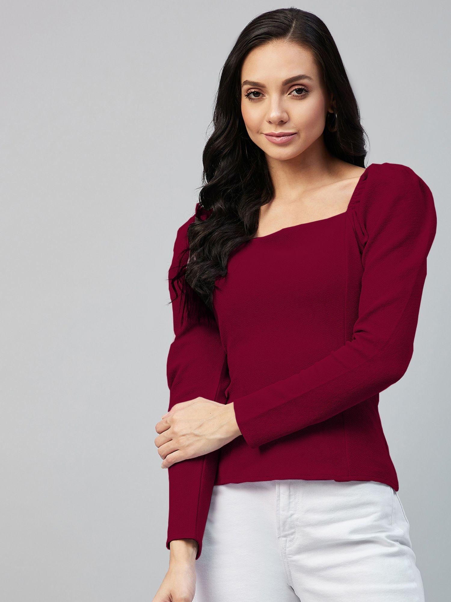 women casual maroon colour square neck solid regular top