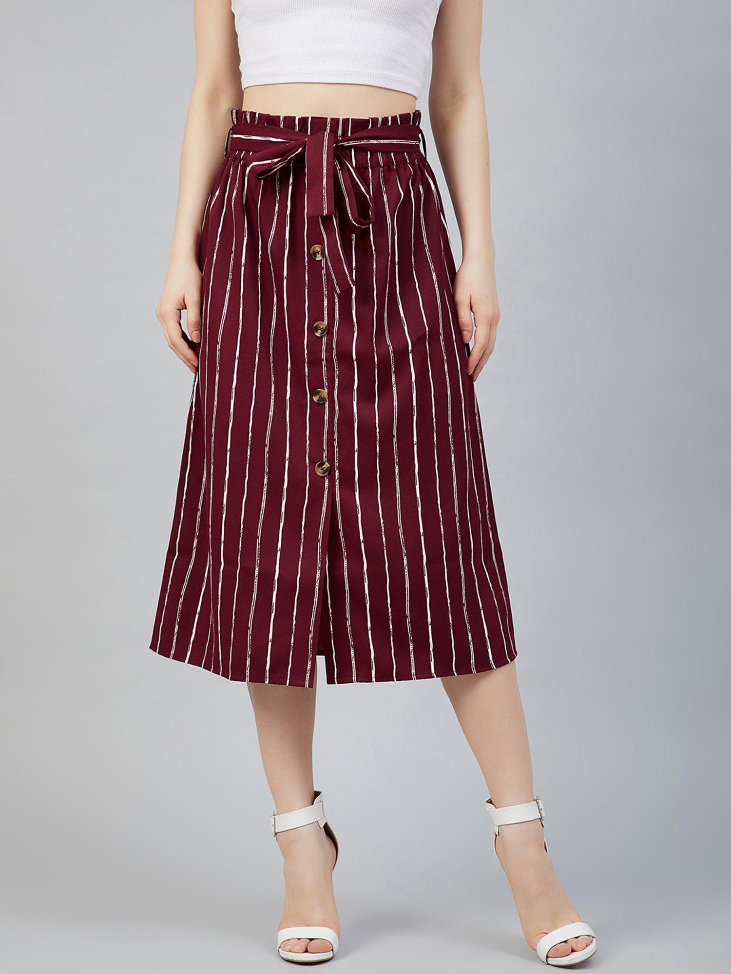 women casual maroon colour striped a-line skirt