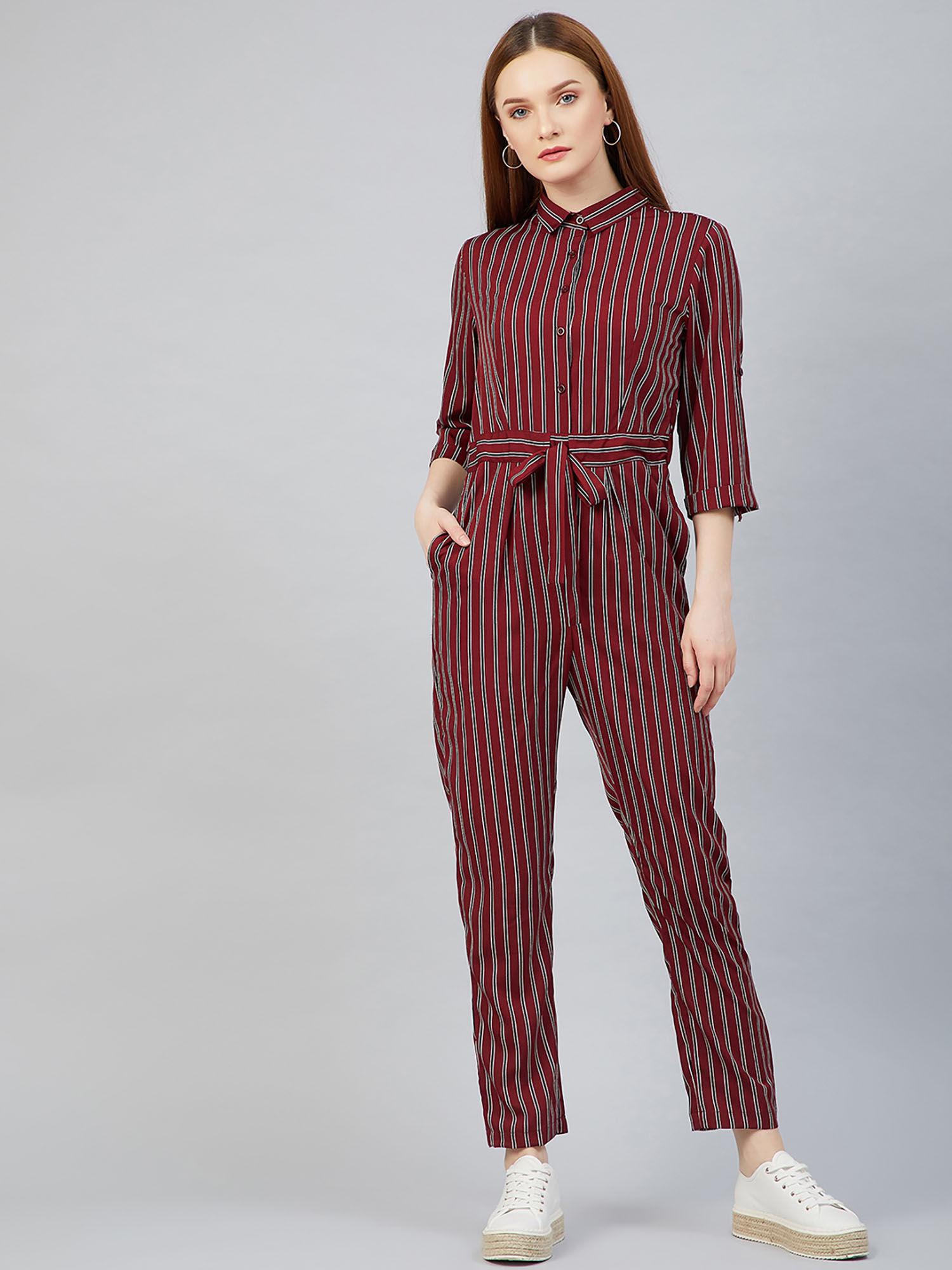 women casual maroon colour striped basic jumpsuit