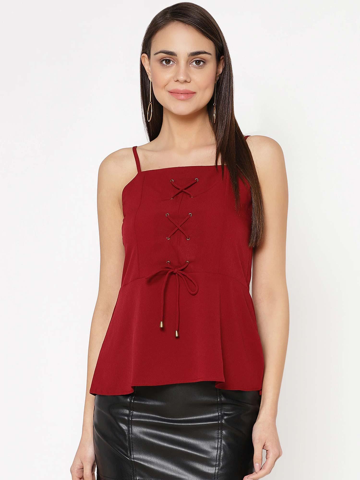 women casual maroon solid a-line top