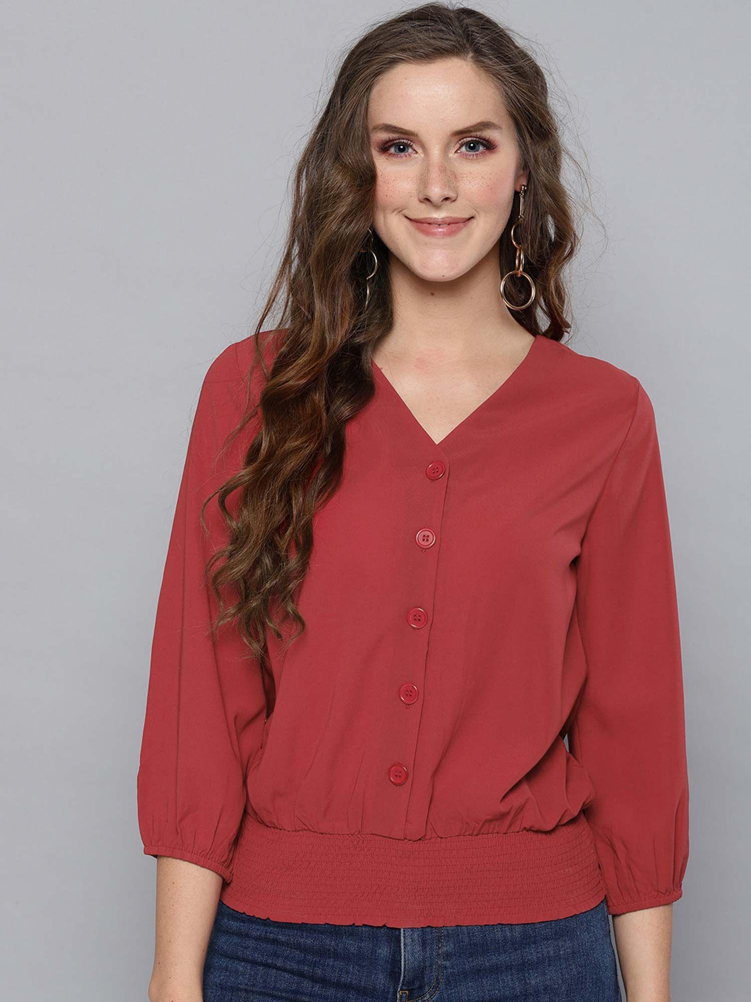 women casual maroon solid blouson top