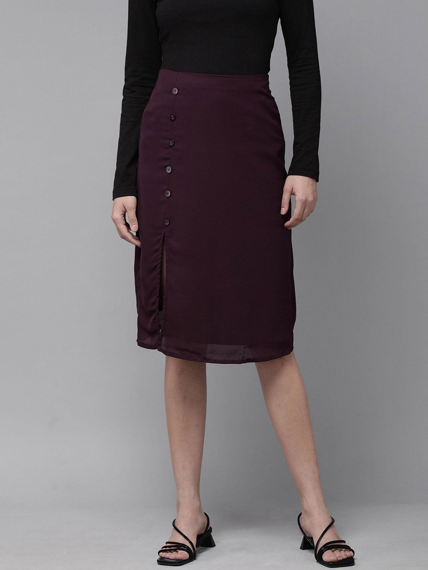 women casual maroon solid midi skirt