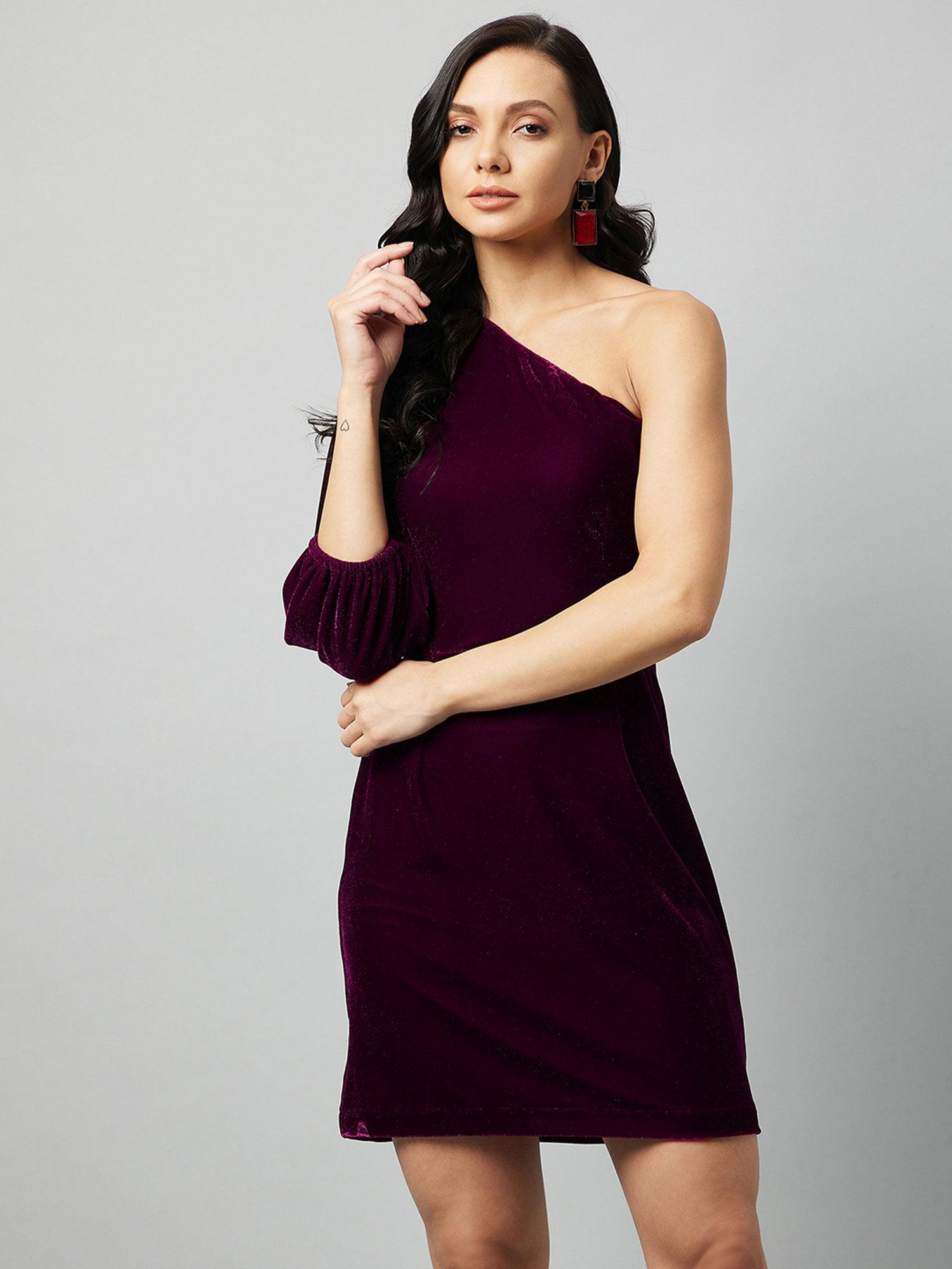 women casual maroon solid one shoulder mini sheath dress