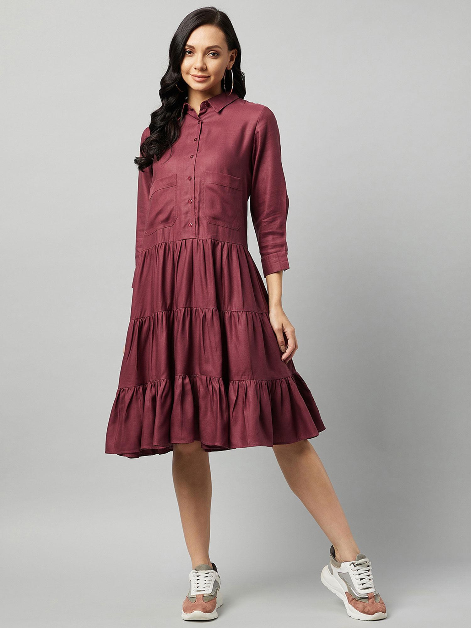 women casual maroon solid shirt collar knee length fit and flare dress
