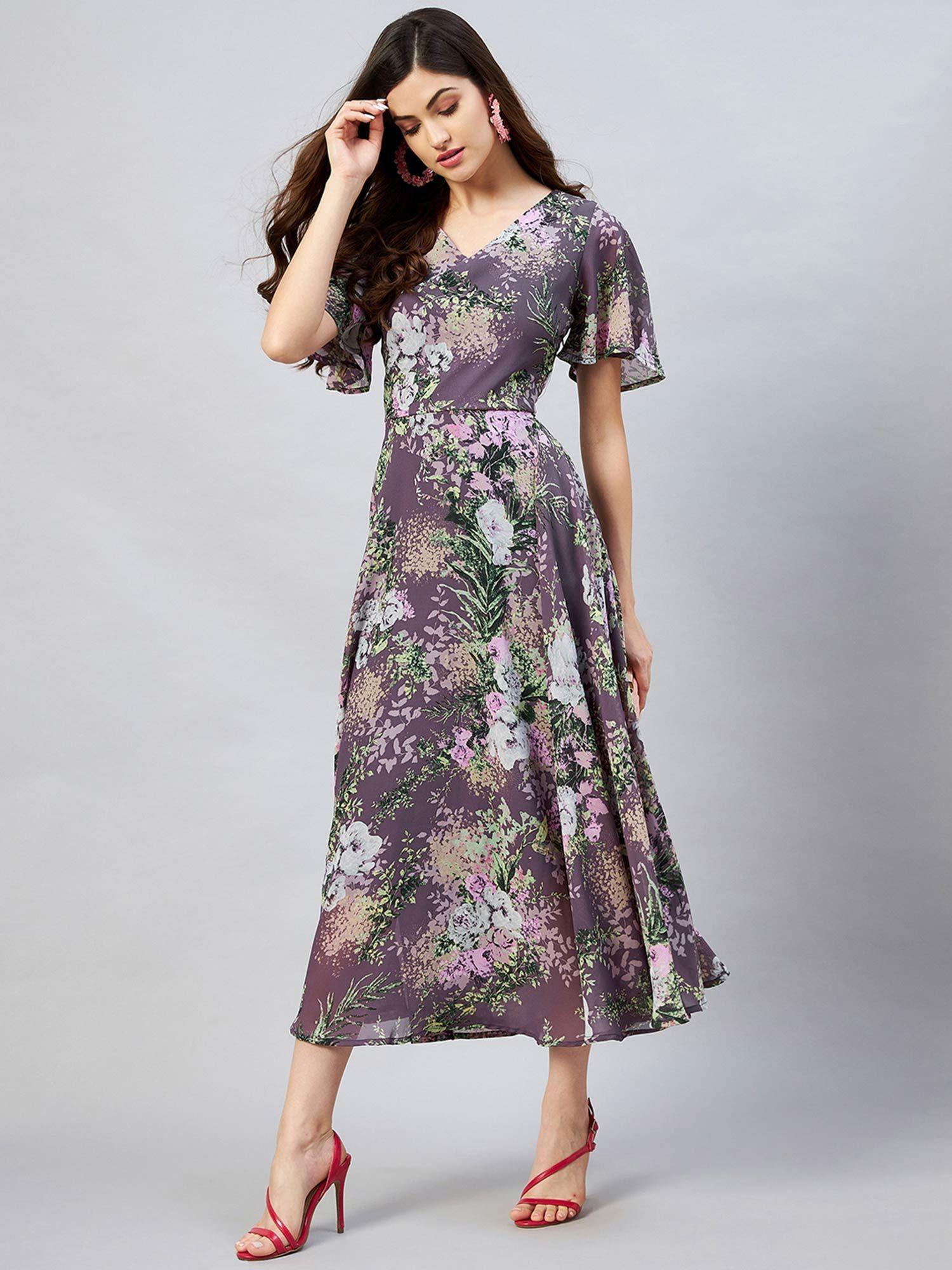 women casual mauve colour midi floral dress