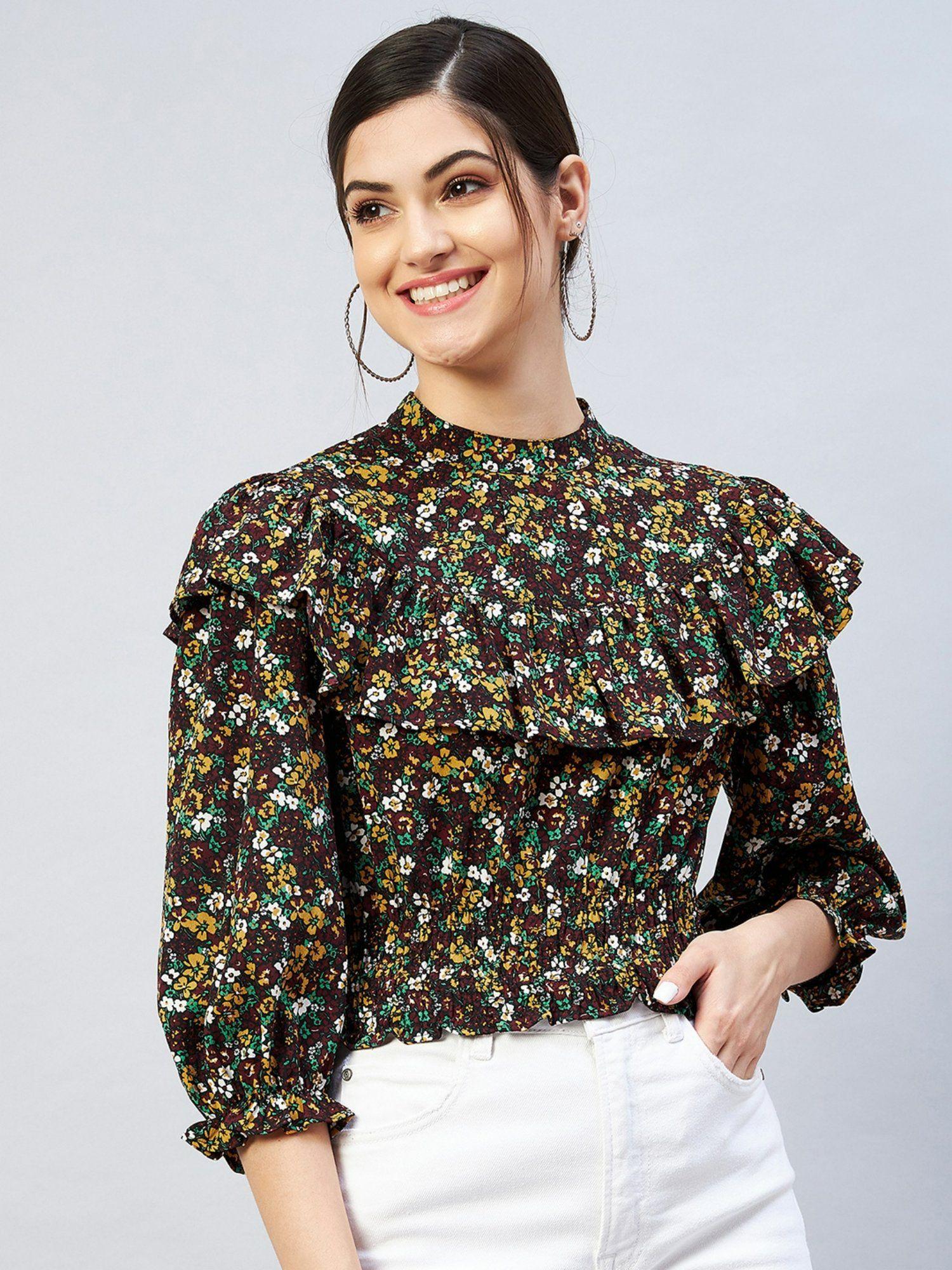 women casual multi floral cinched top