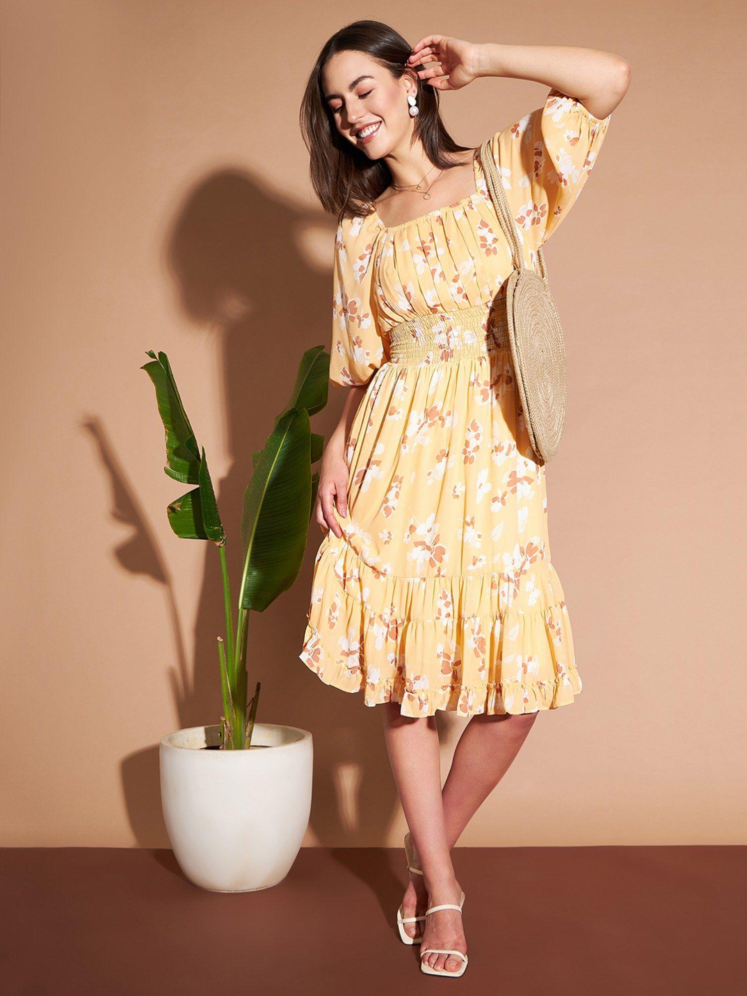 women casual mustard color knee length floral dress