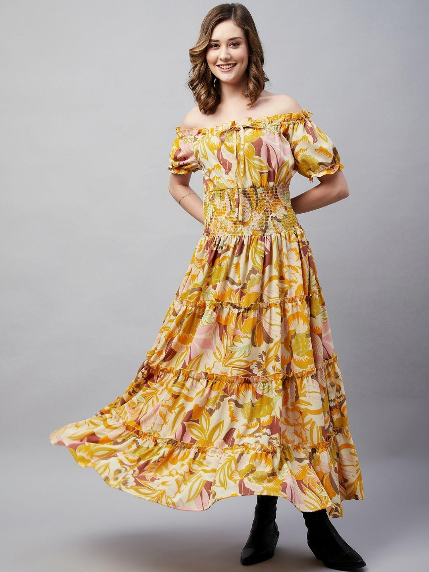 women casual mustard colour maxi floral dress