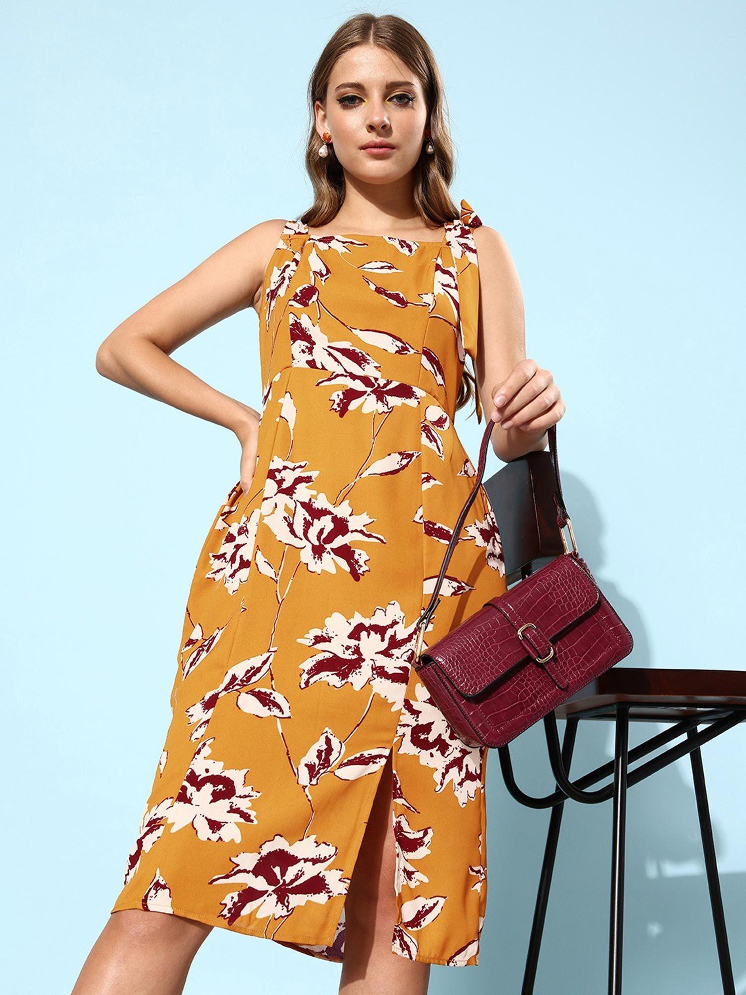 women casual mustard colour midi floral dress