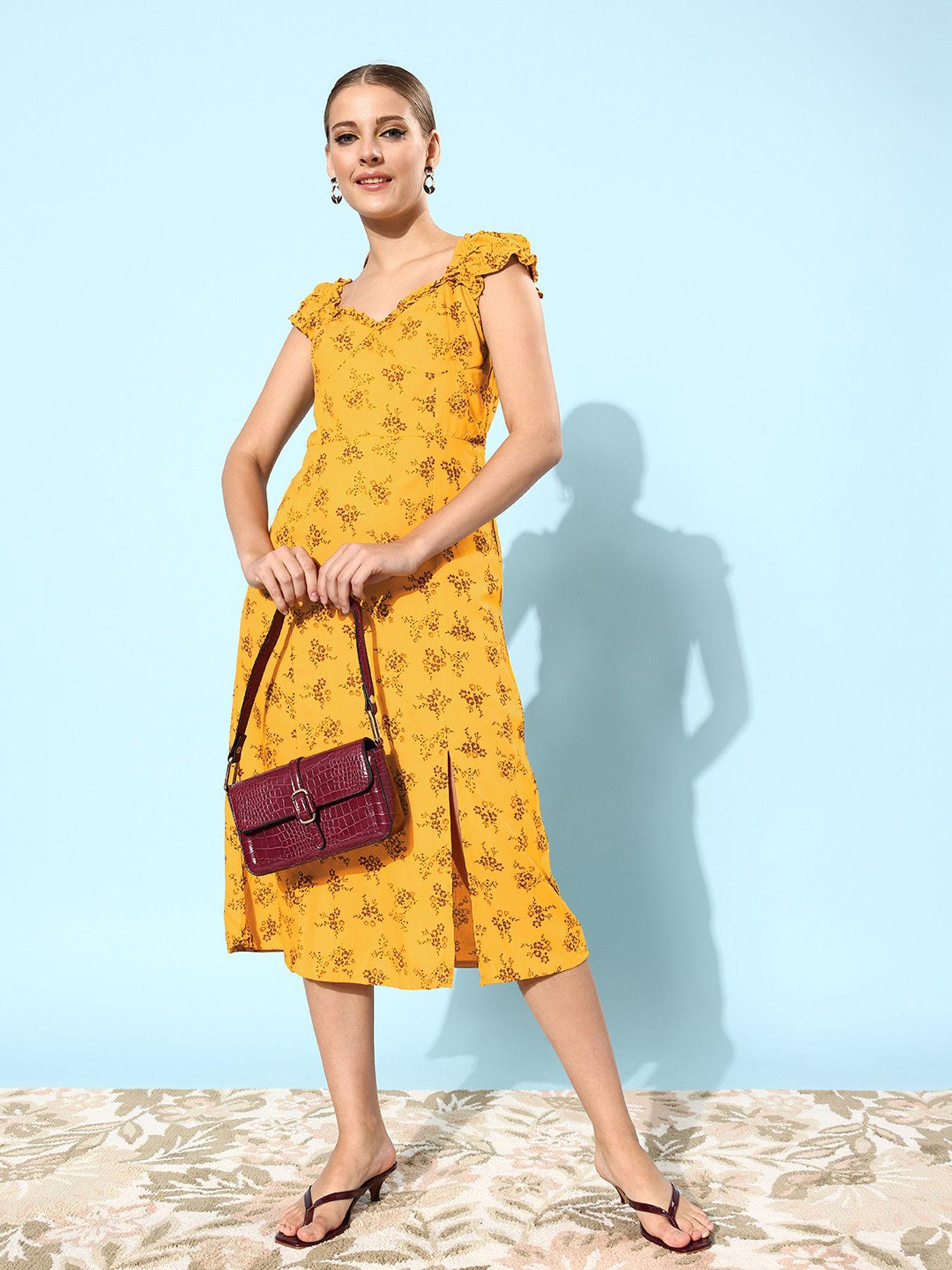 women casual mustard colour midi floral dress