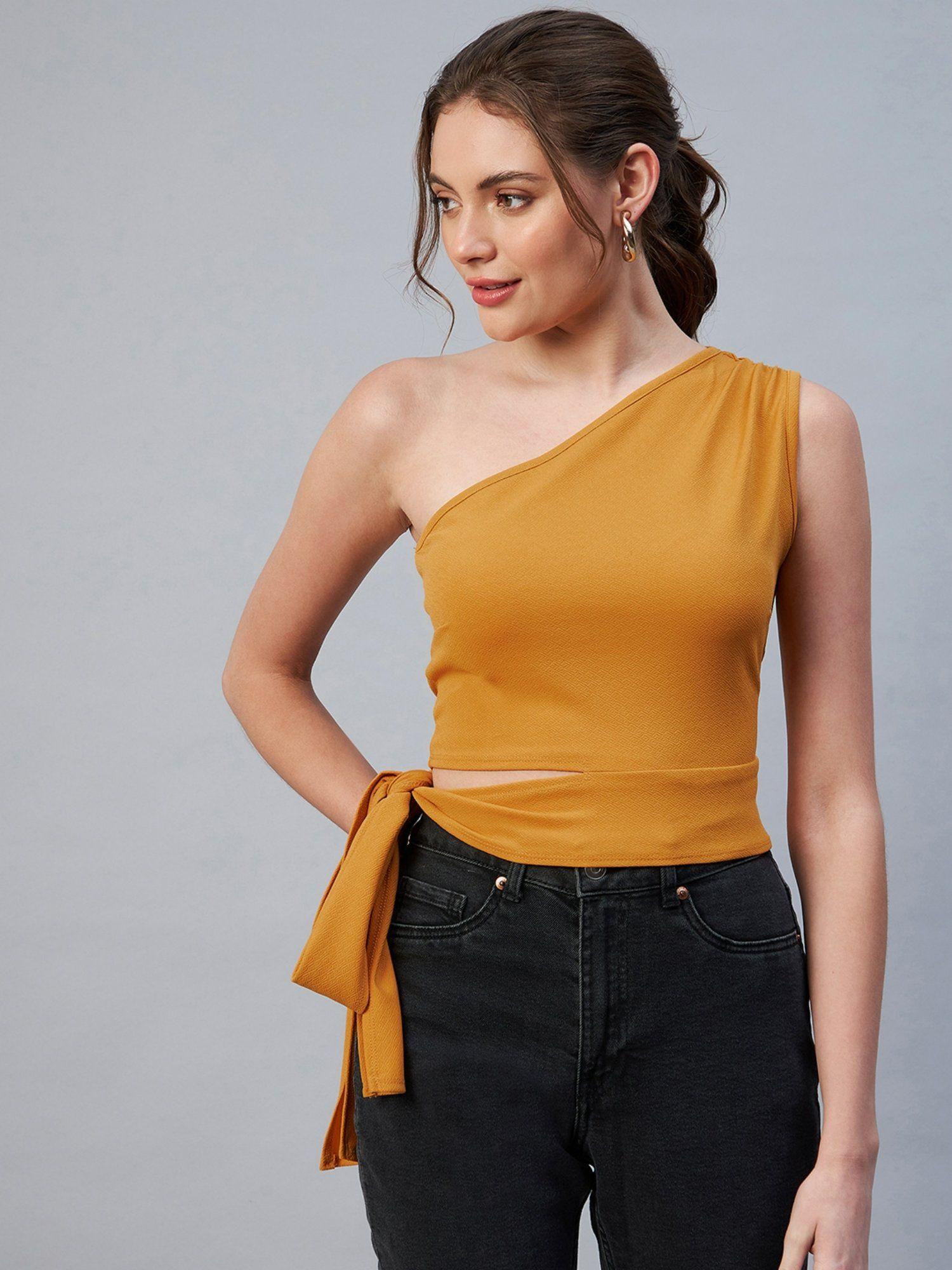 women casual mustard colour one shoulder solid fitted top