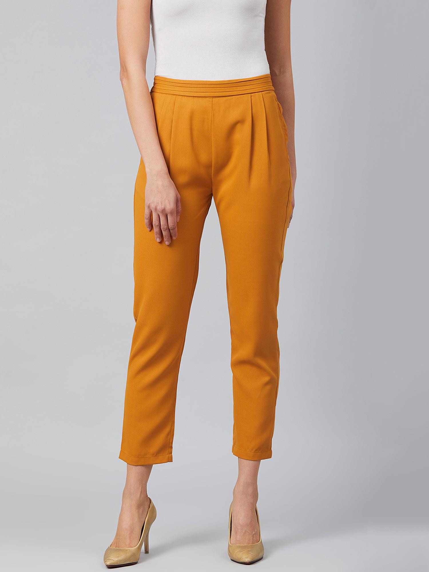 women casual mustard colour solid regular trousers