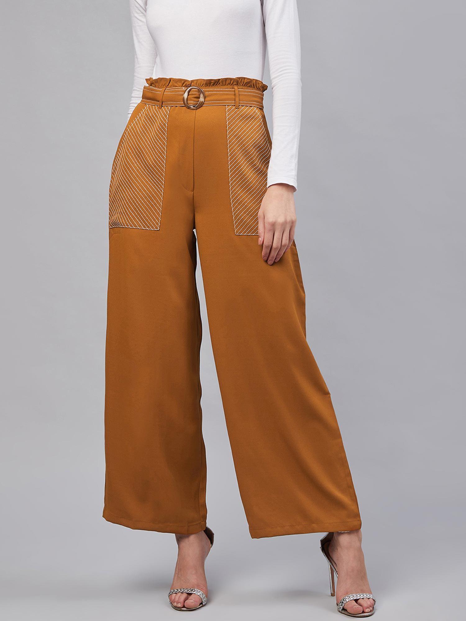 women casual mustard colour solid regular trousers