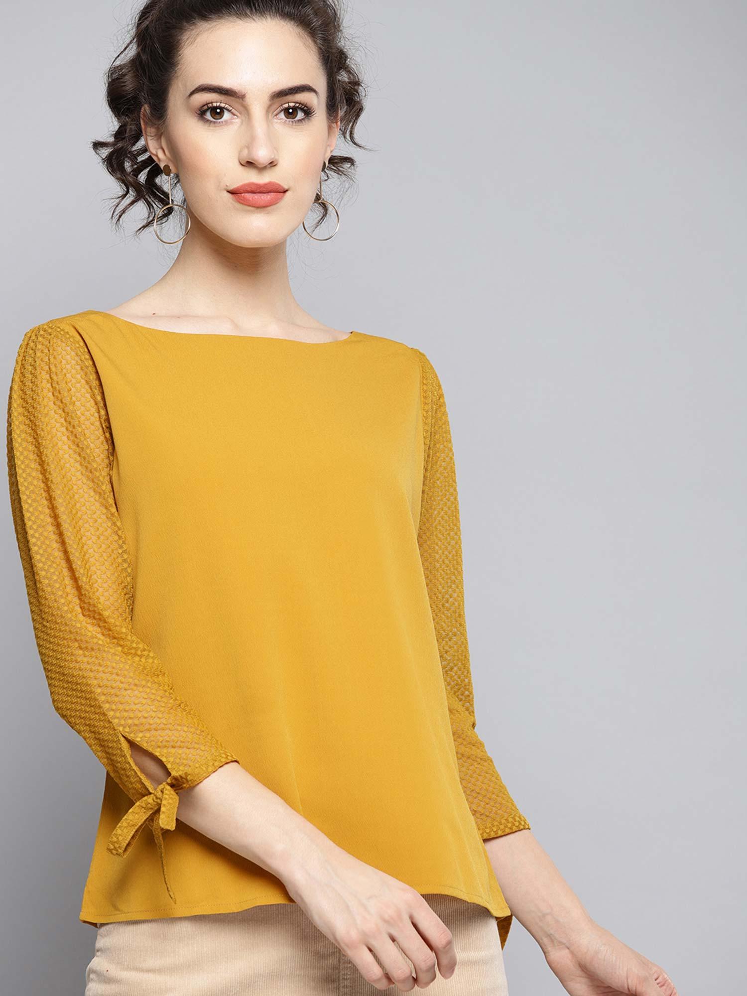 women casual mustard yellow lace detail solid top