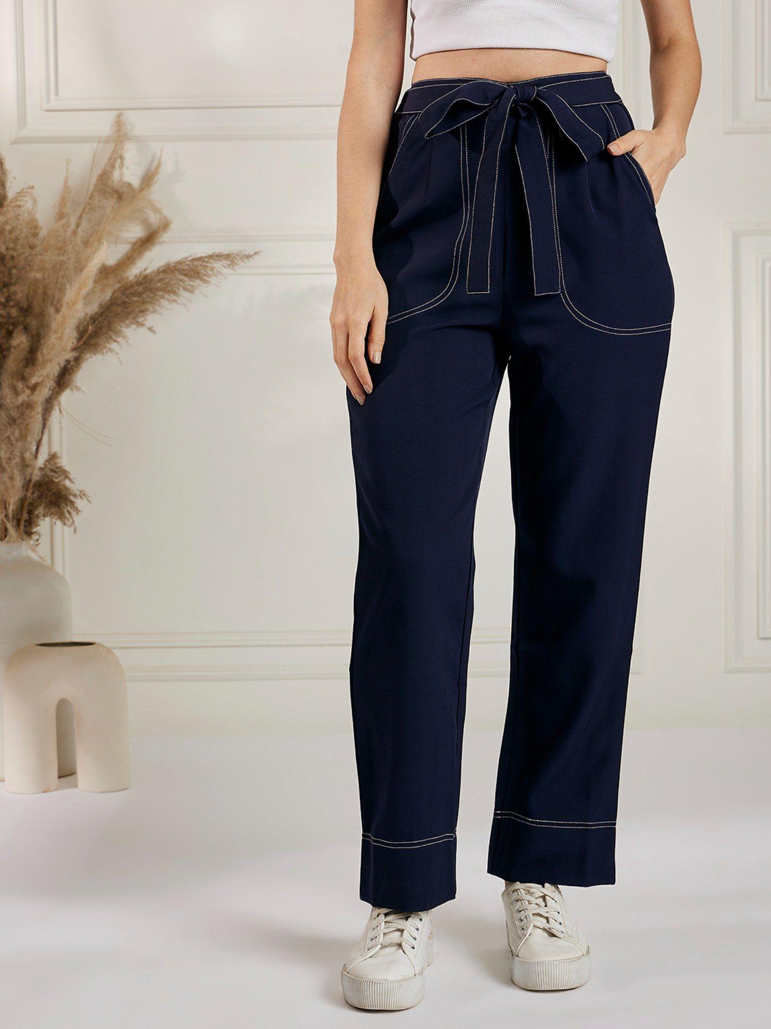 women casual navy blue color solid regular trouser (set of 2)