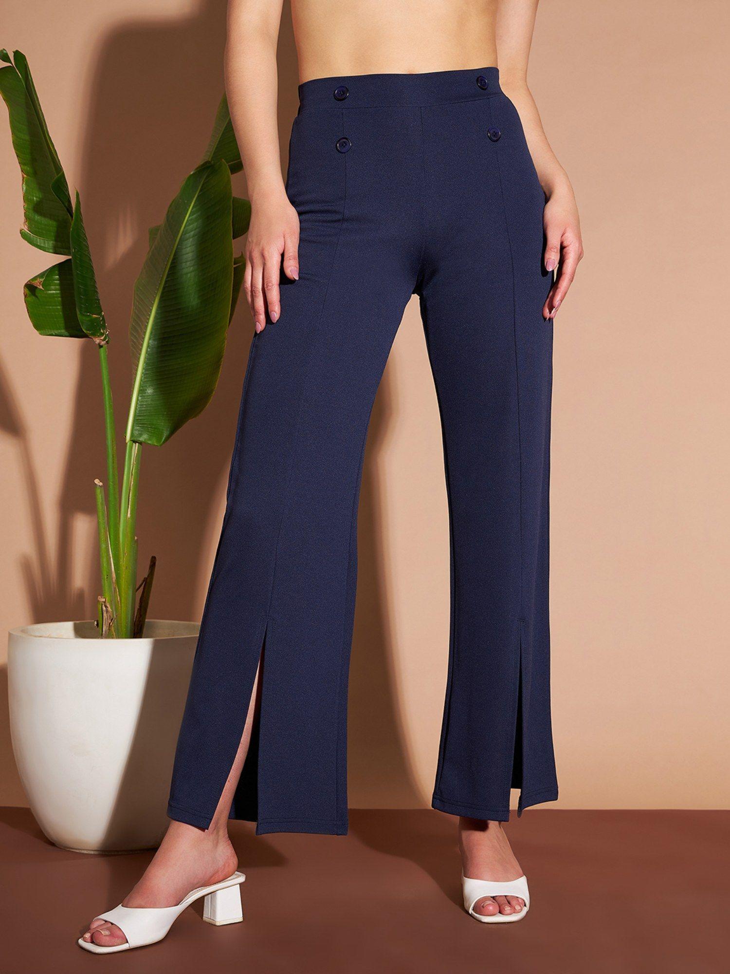 women casual navy blue color solid trouser