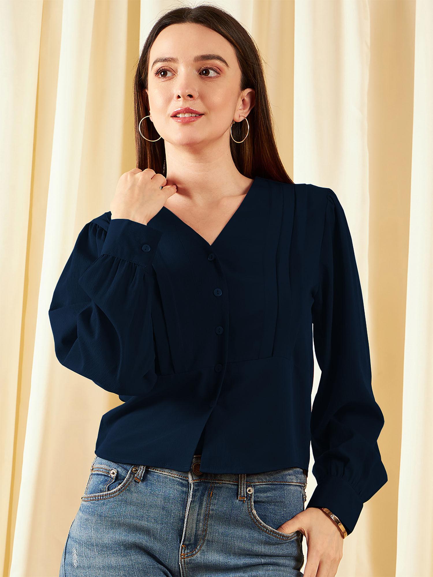 women casual navy blue color v-neck solid regular top