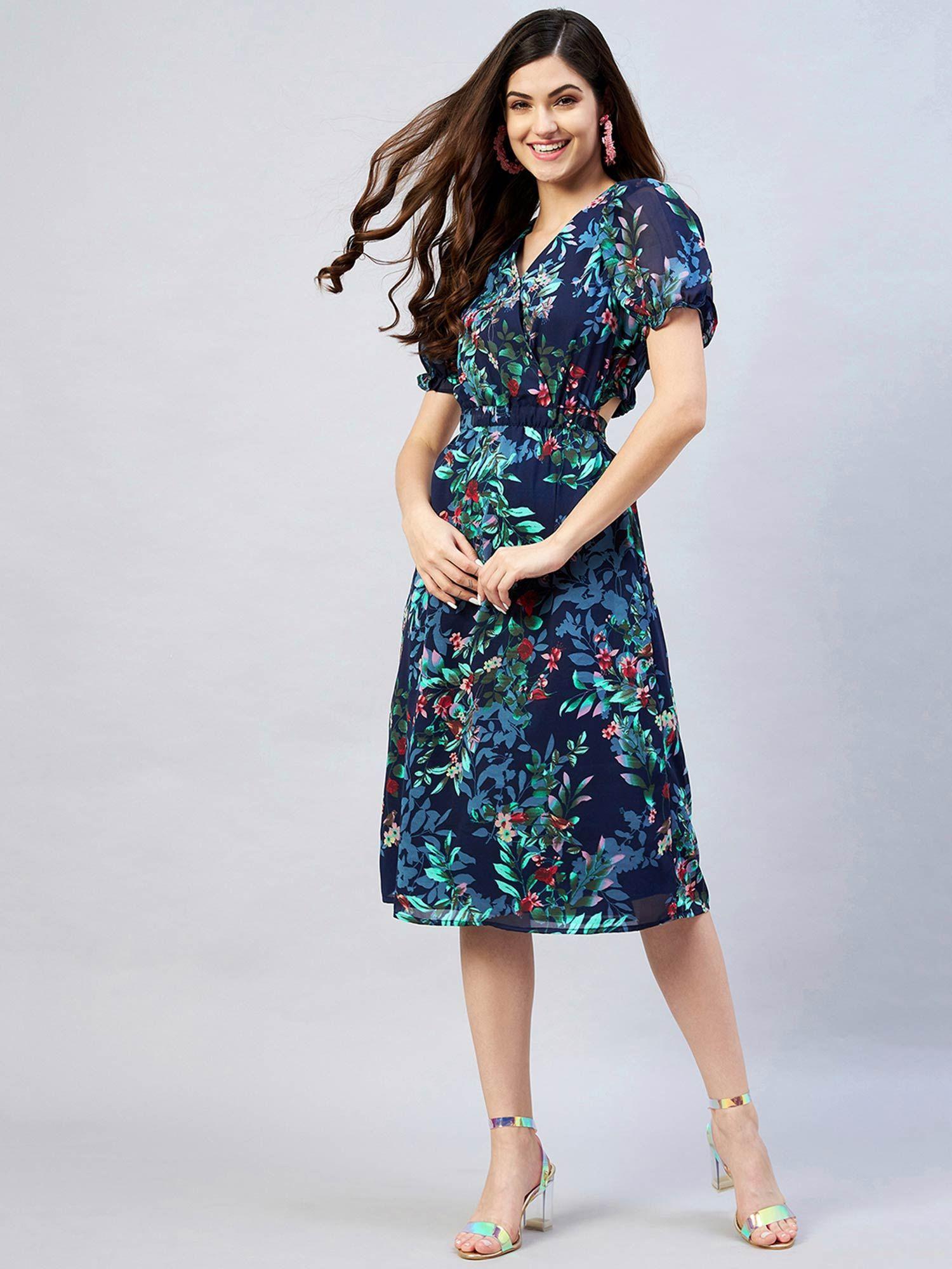 women casual navy blue colour knee length floral dress