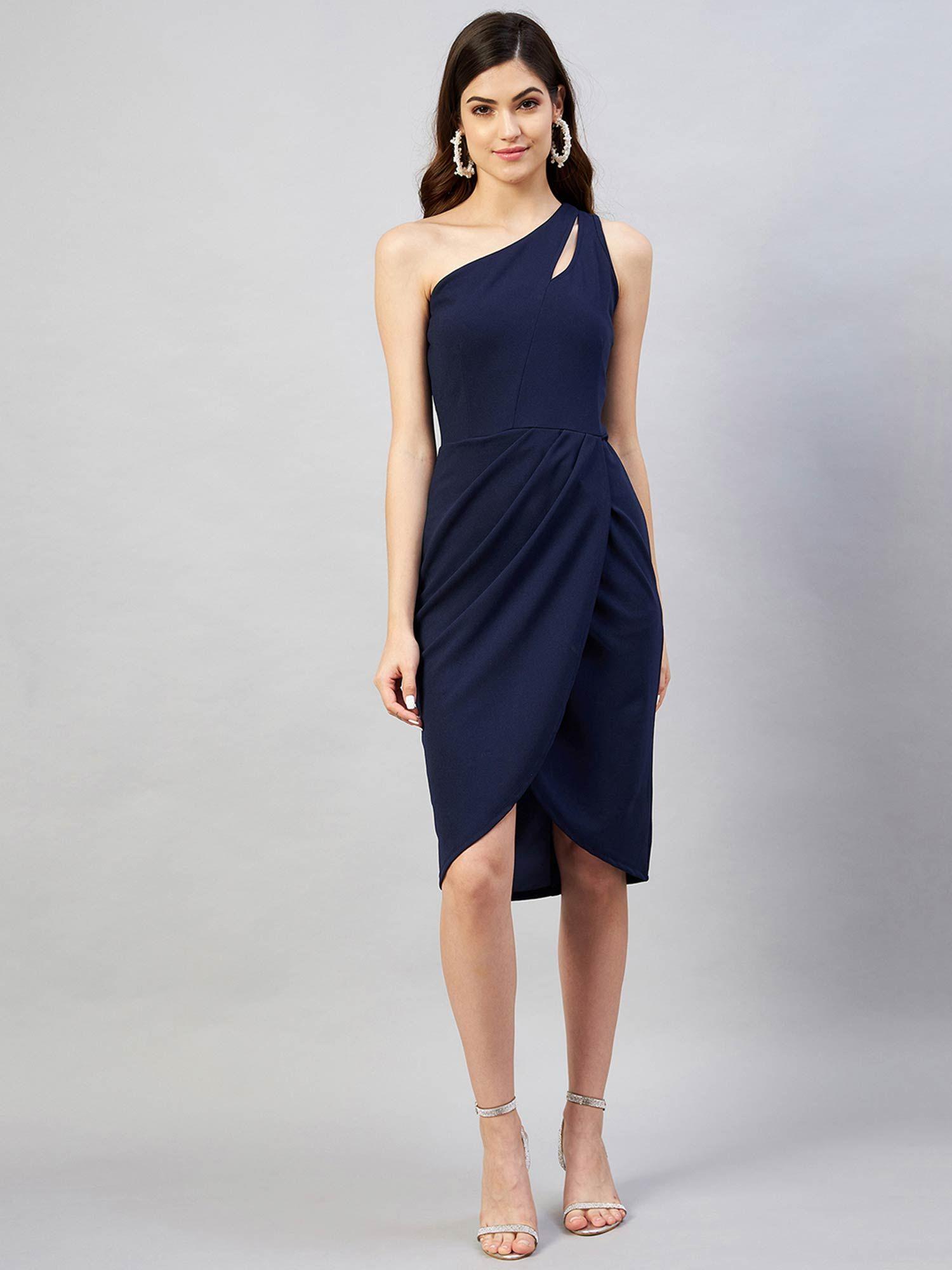 women casual navy blue colour knee length one- shoulder dress