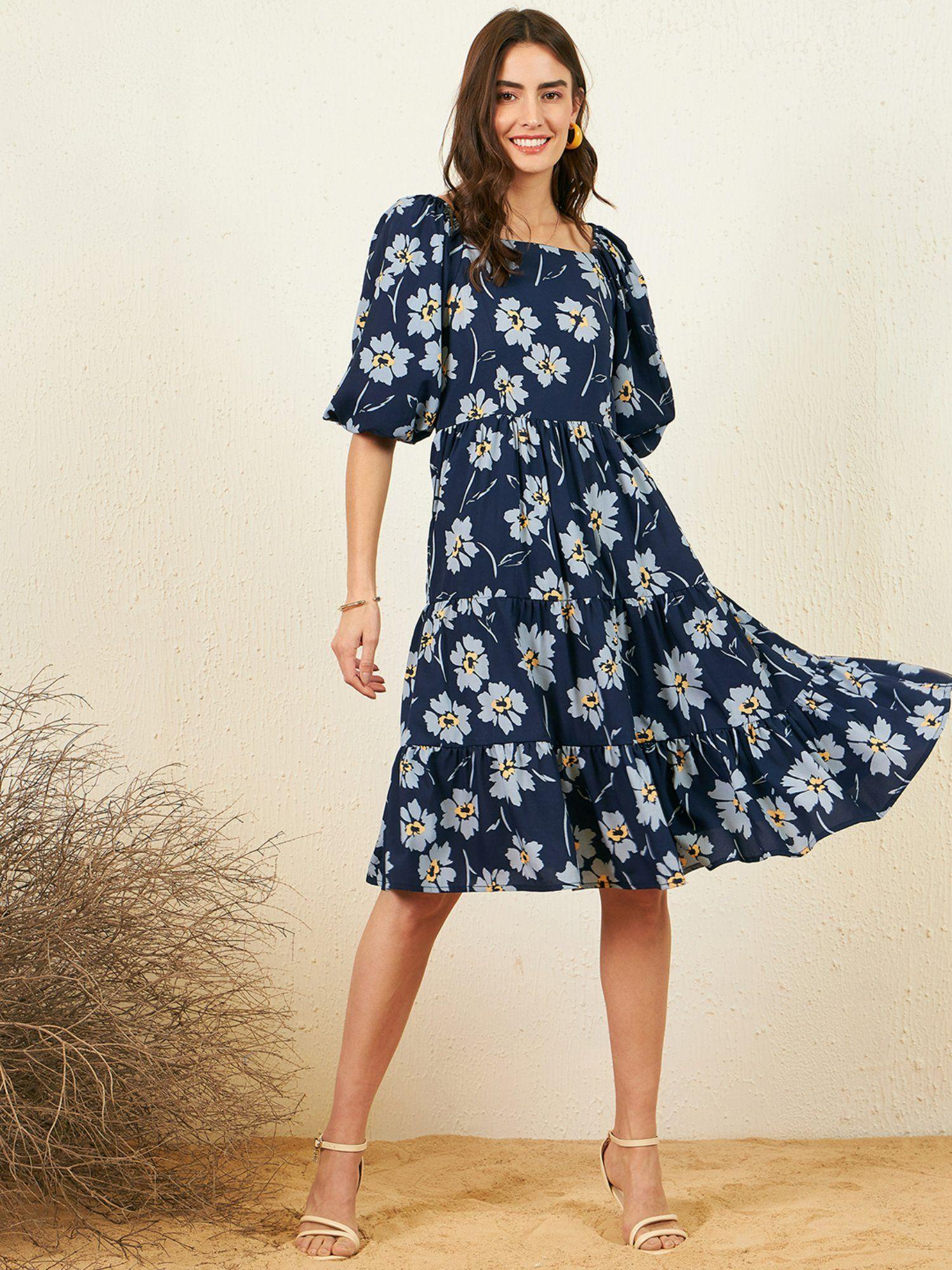 women casual navy blue colour midi floral dress