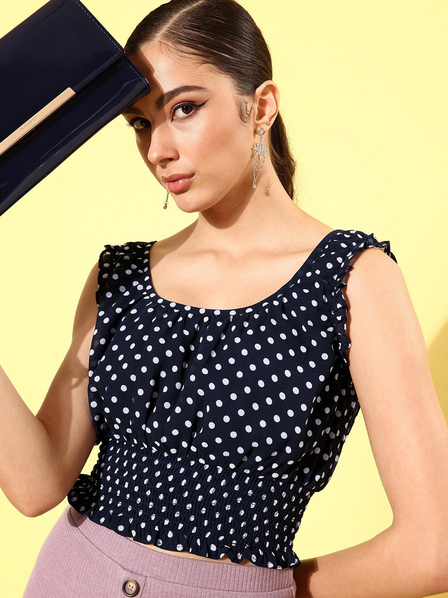 women casual navy blue colour round neck polka dots cinched waist top