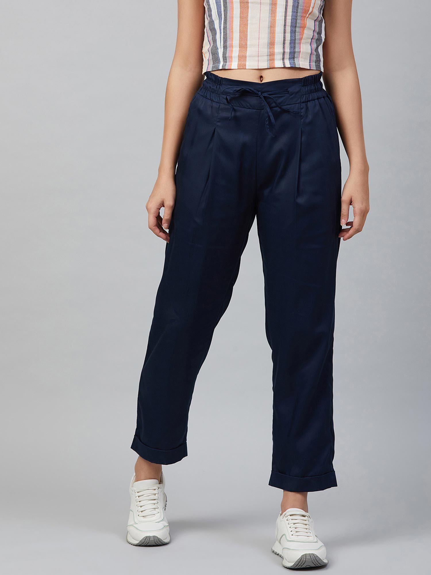 women casual navy blue colour solid regular trousers