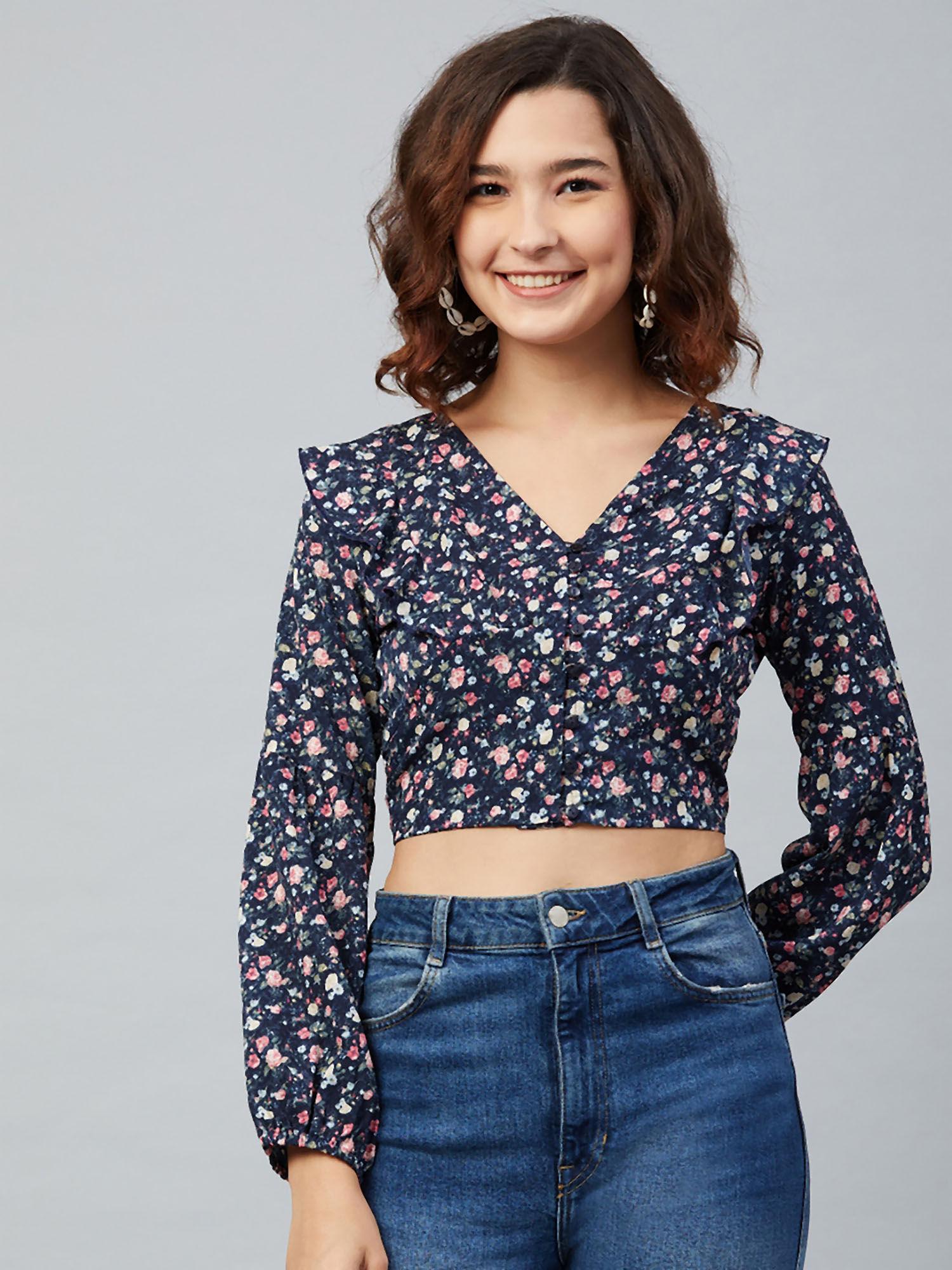 women casual navy blue colour v-neck floral print regular top