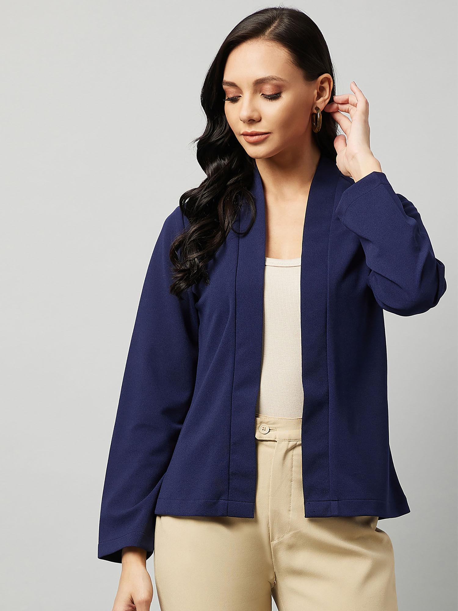 women casual navy blue long sleeves regular open front shrug