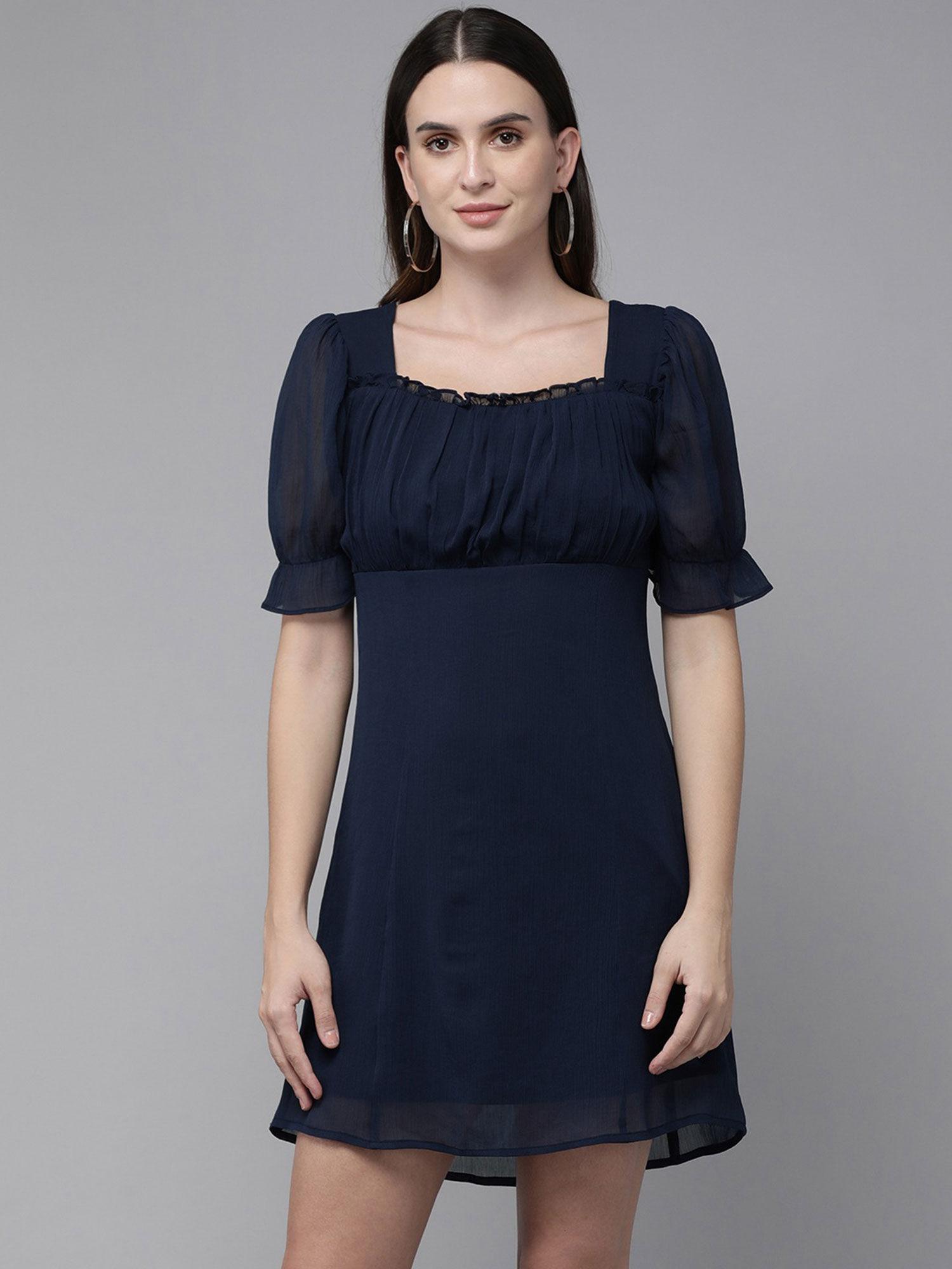 women casual navy blue self design square neck midi a-line dress