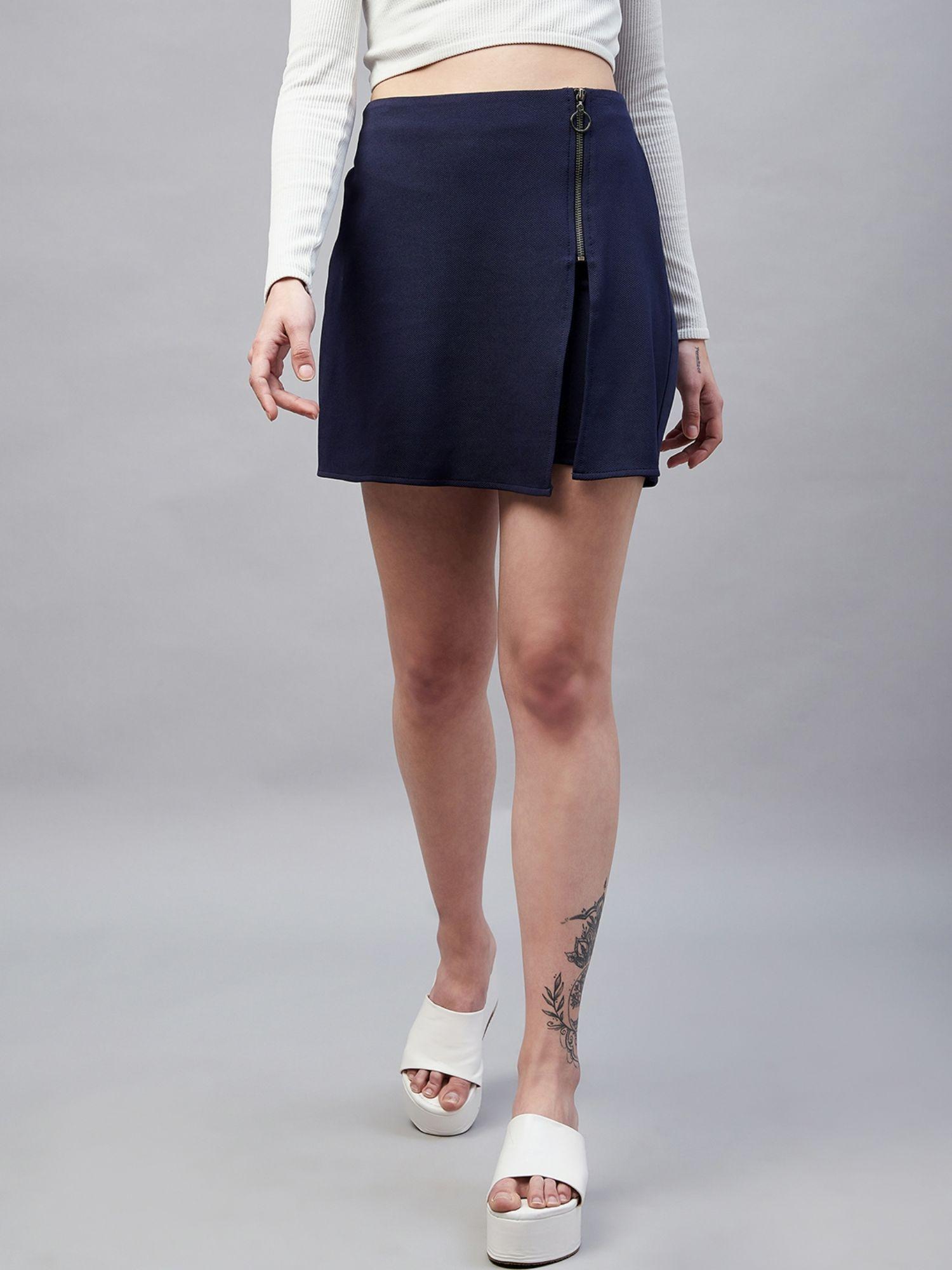 women casual navy blue solid above knee high-rise regular shorts