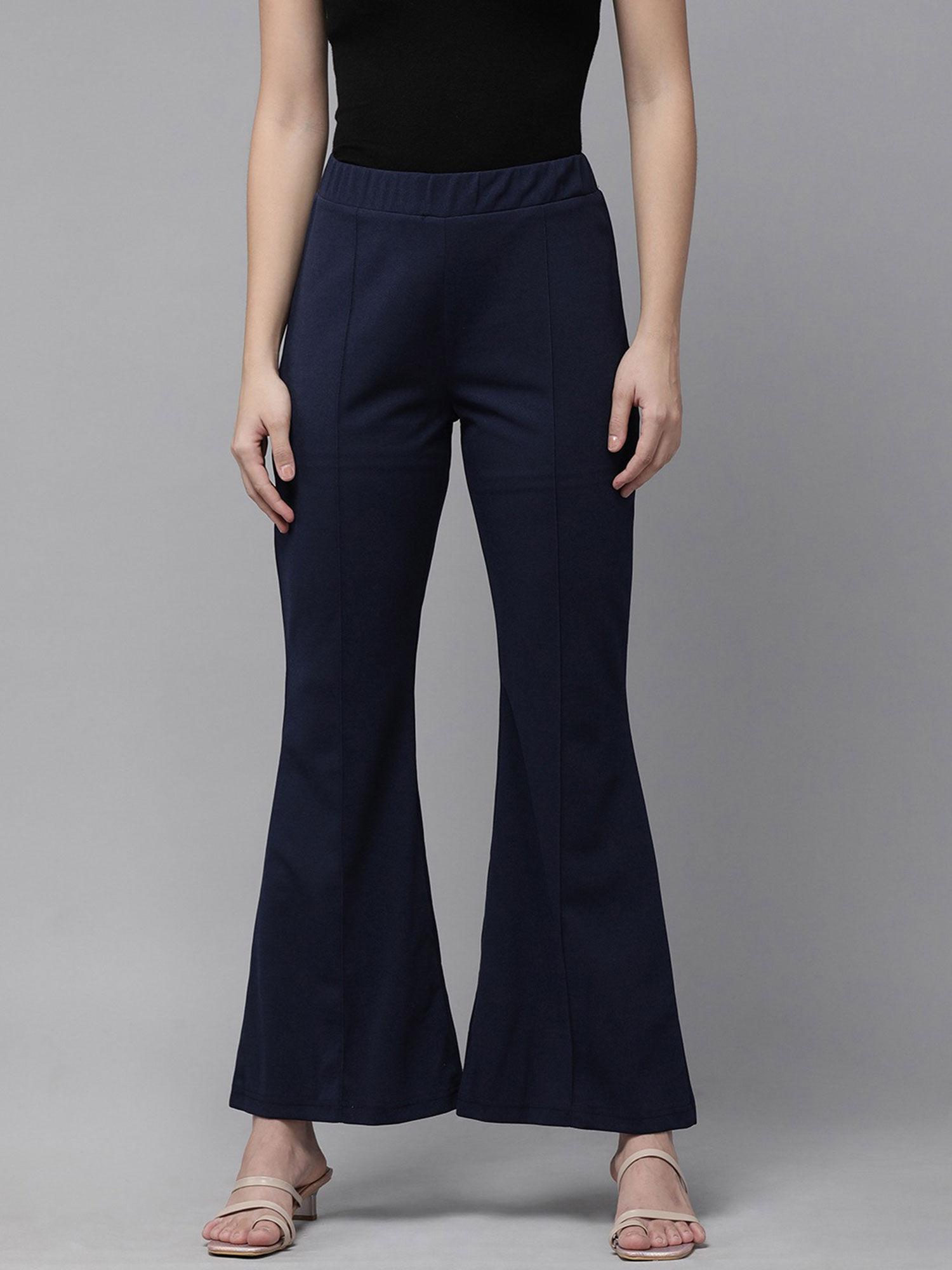 women casual navy blue solid regular trousers