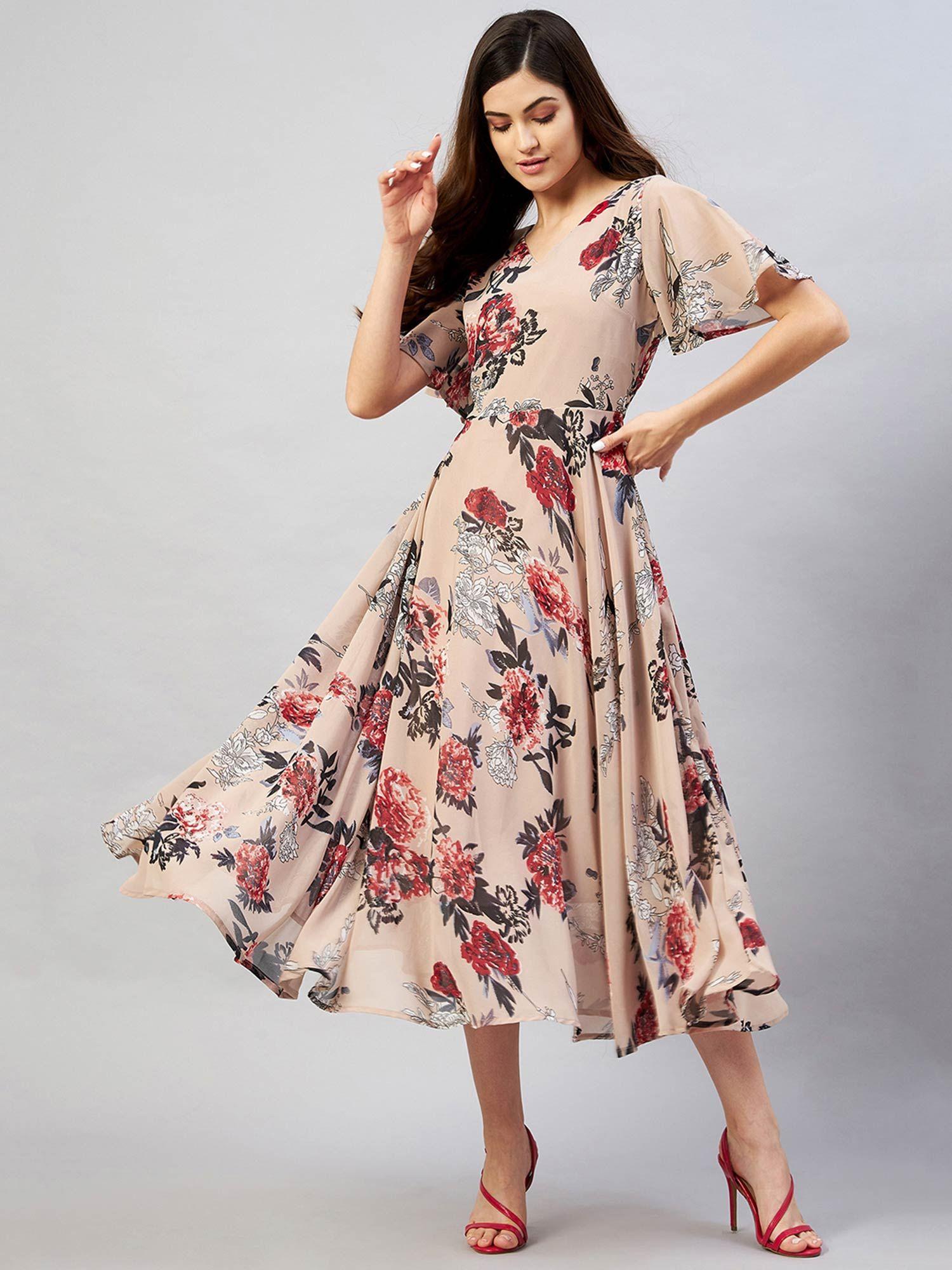 women casual nude colour midi floral dress