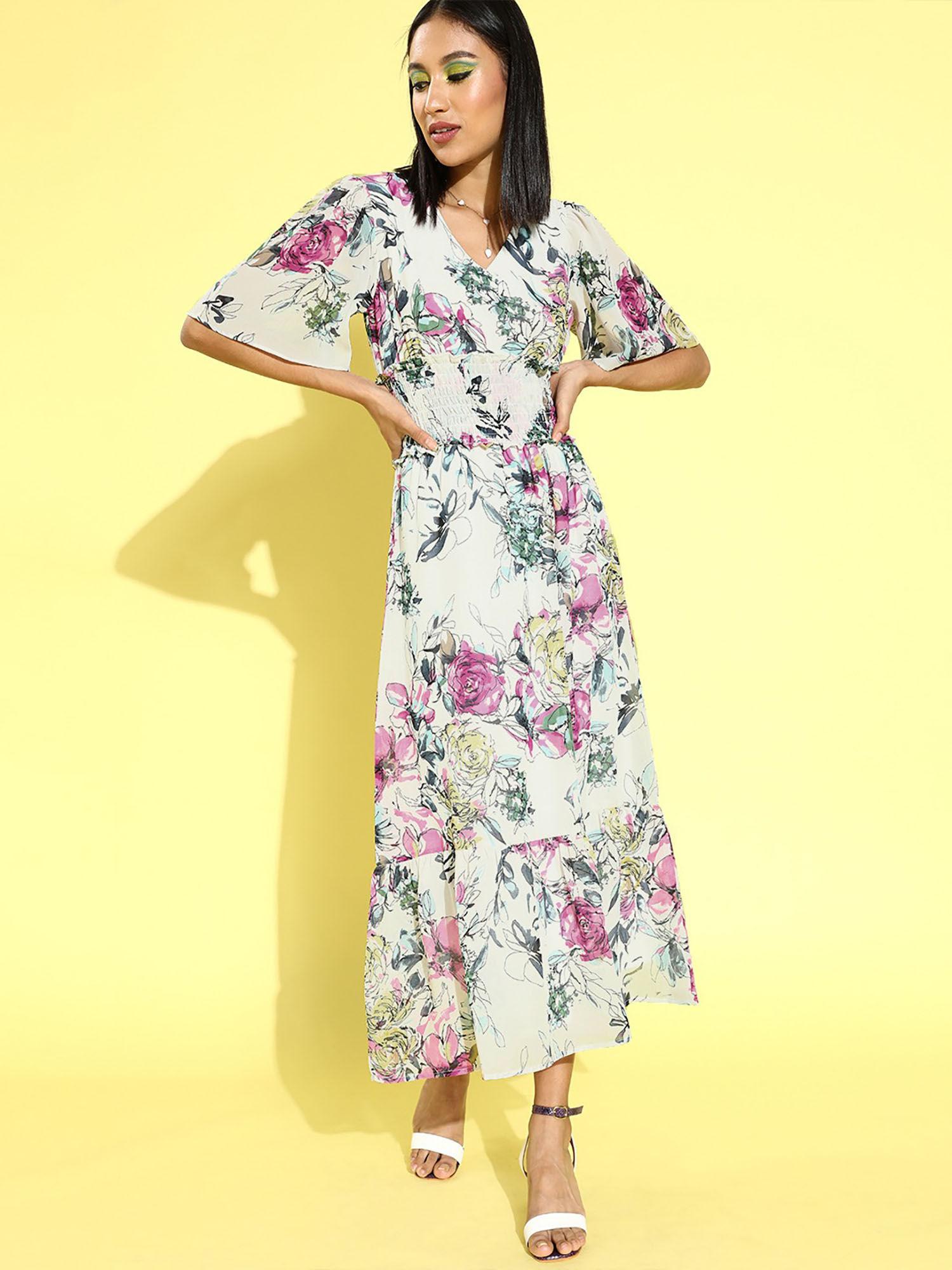 women casual off white colour knee length floral dress