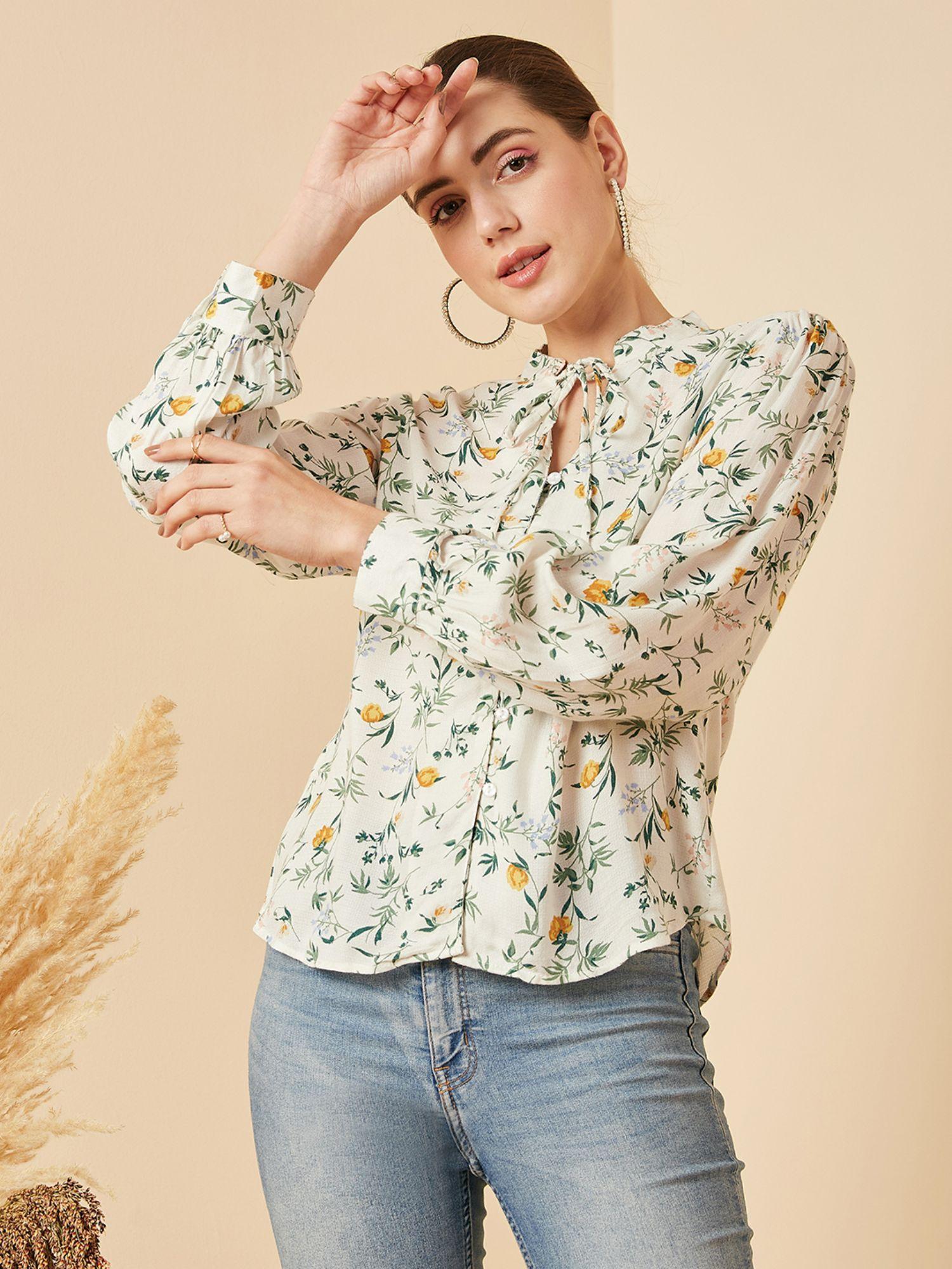 women casual off white colour tie-up neck floral regular top