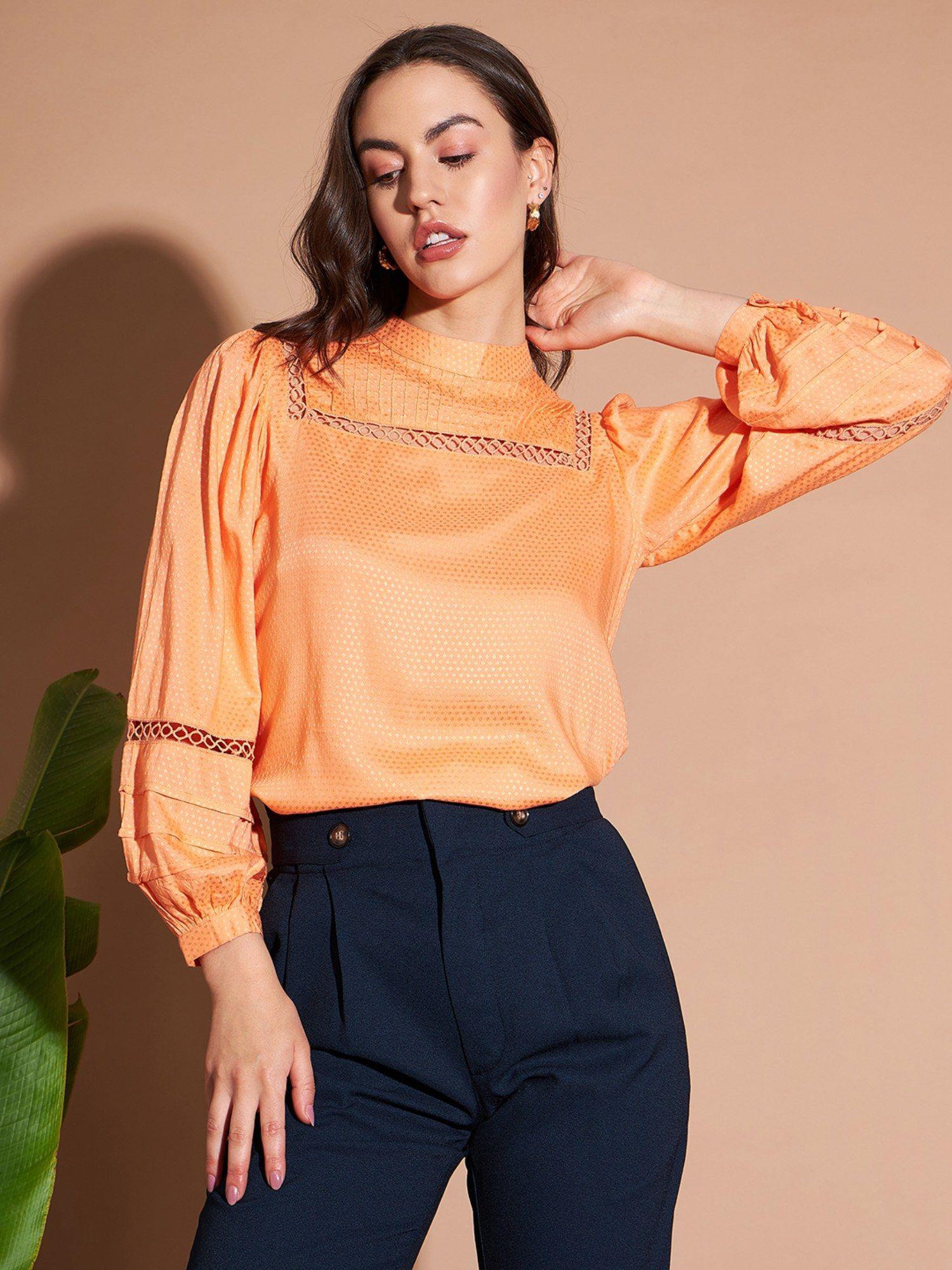 women casual orange color round neck self design regular top