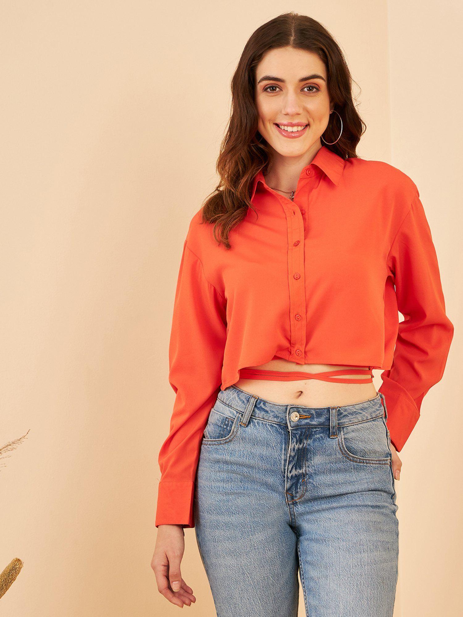 women casual orange colour collar solid shirt style crop top