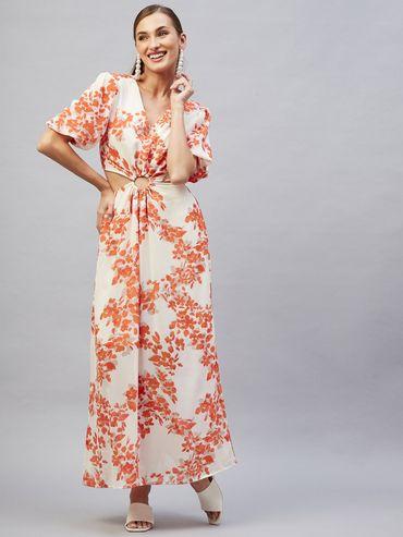 women casual orange colour maxi floral dress