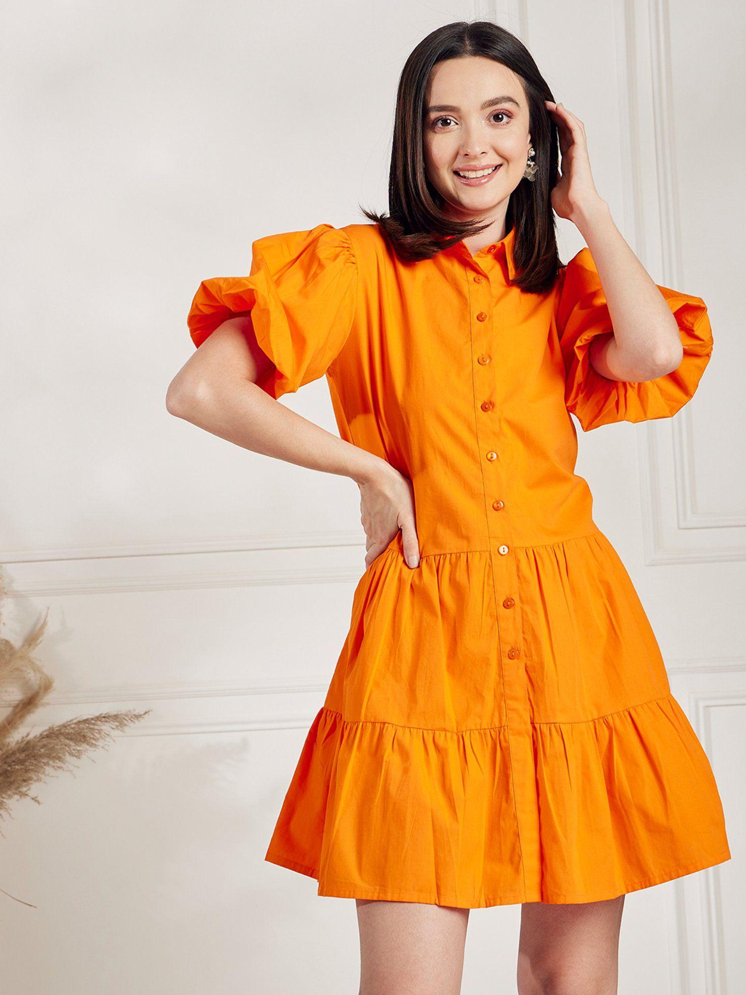 women casual orange colour mini solid dress