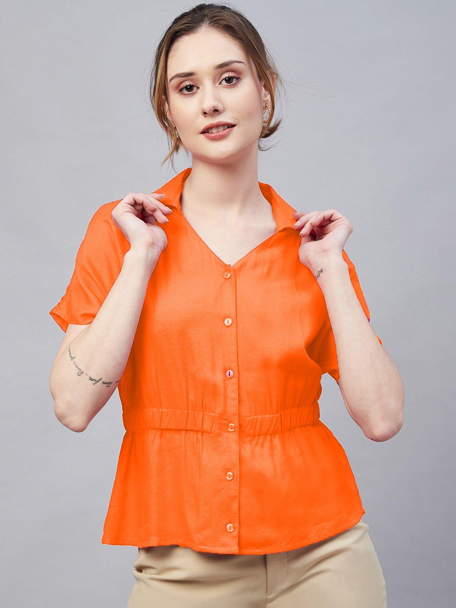 women casual orange colour notched lapel solid regular top