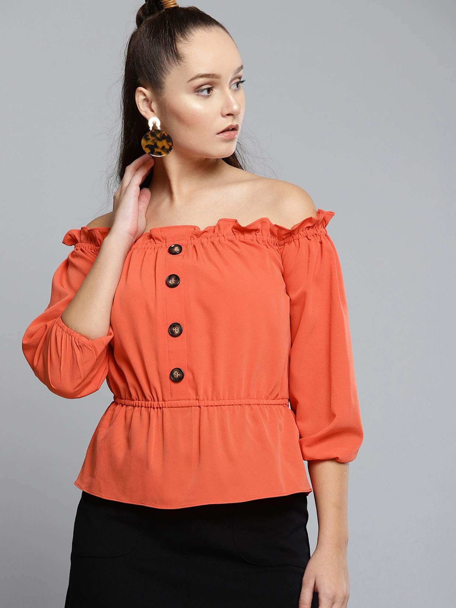 women casual orange solid bardot top